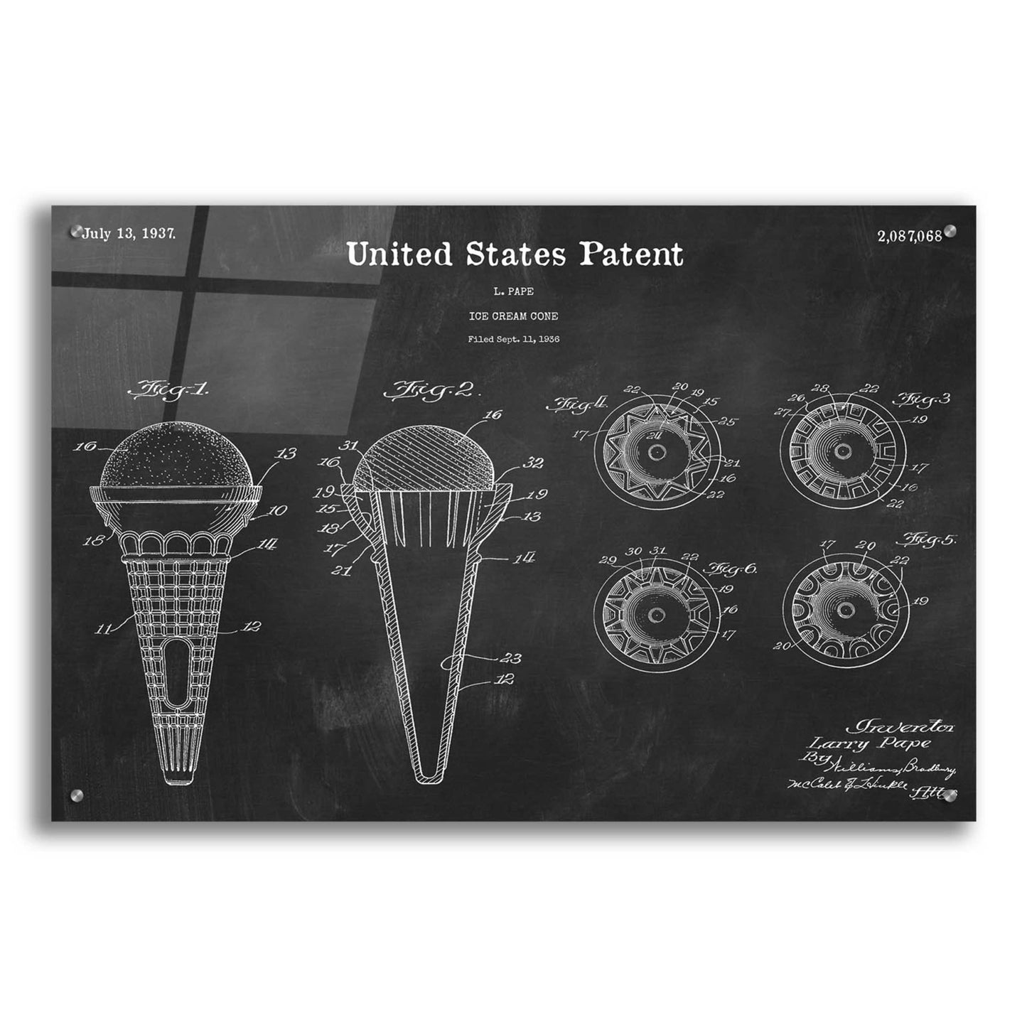 Epic Art 'Ice Cream Cone Blueprint Patent Chalkboard,' Acrylic Glass Wall Art,36x24