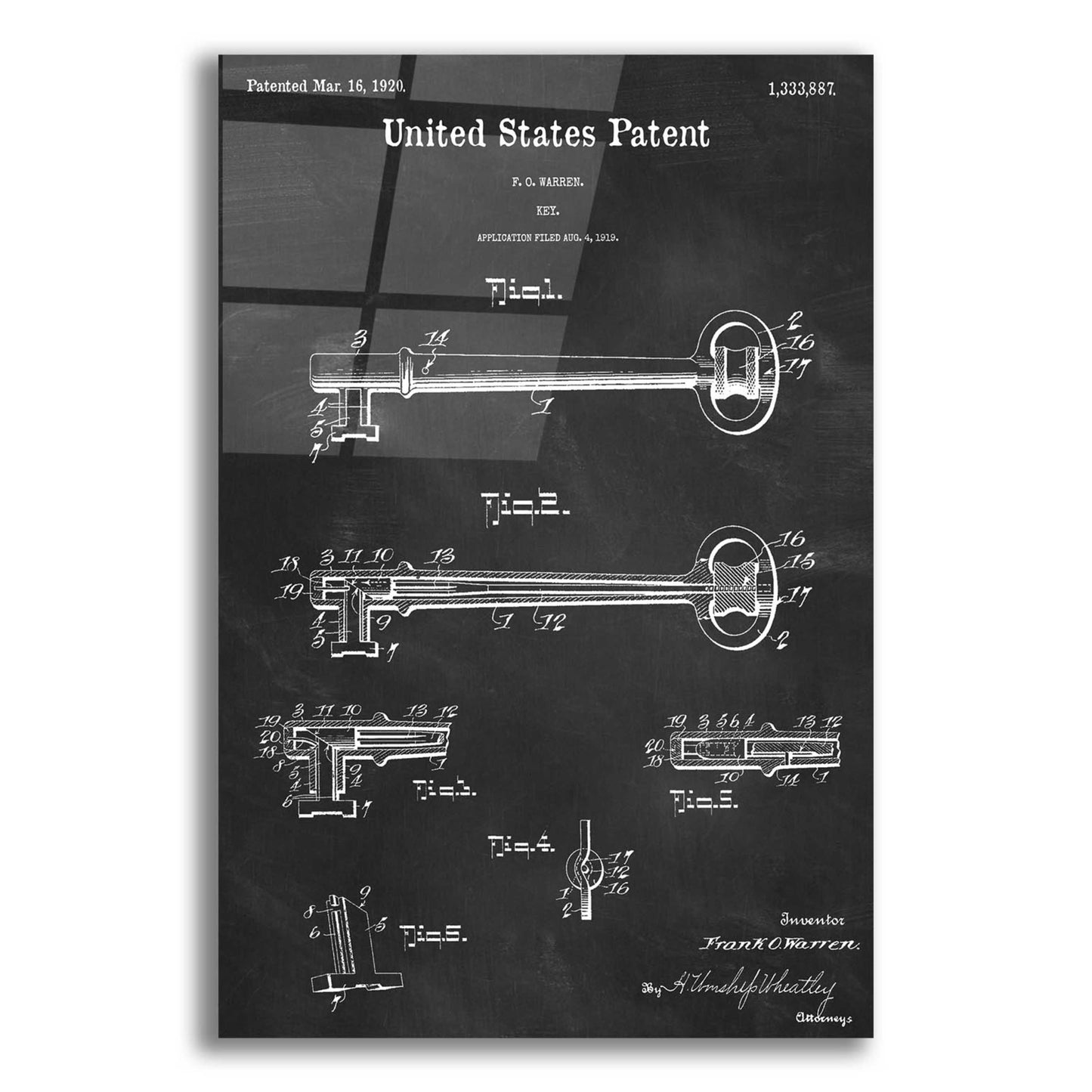 Epic Art 'Vintage Key Blueprint Patent Chalkboard,' Acrylic Glass Wall Art,12x16