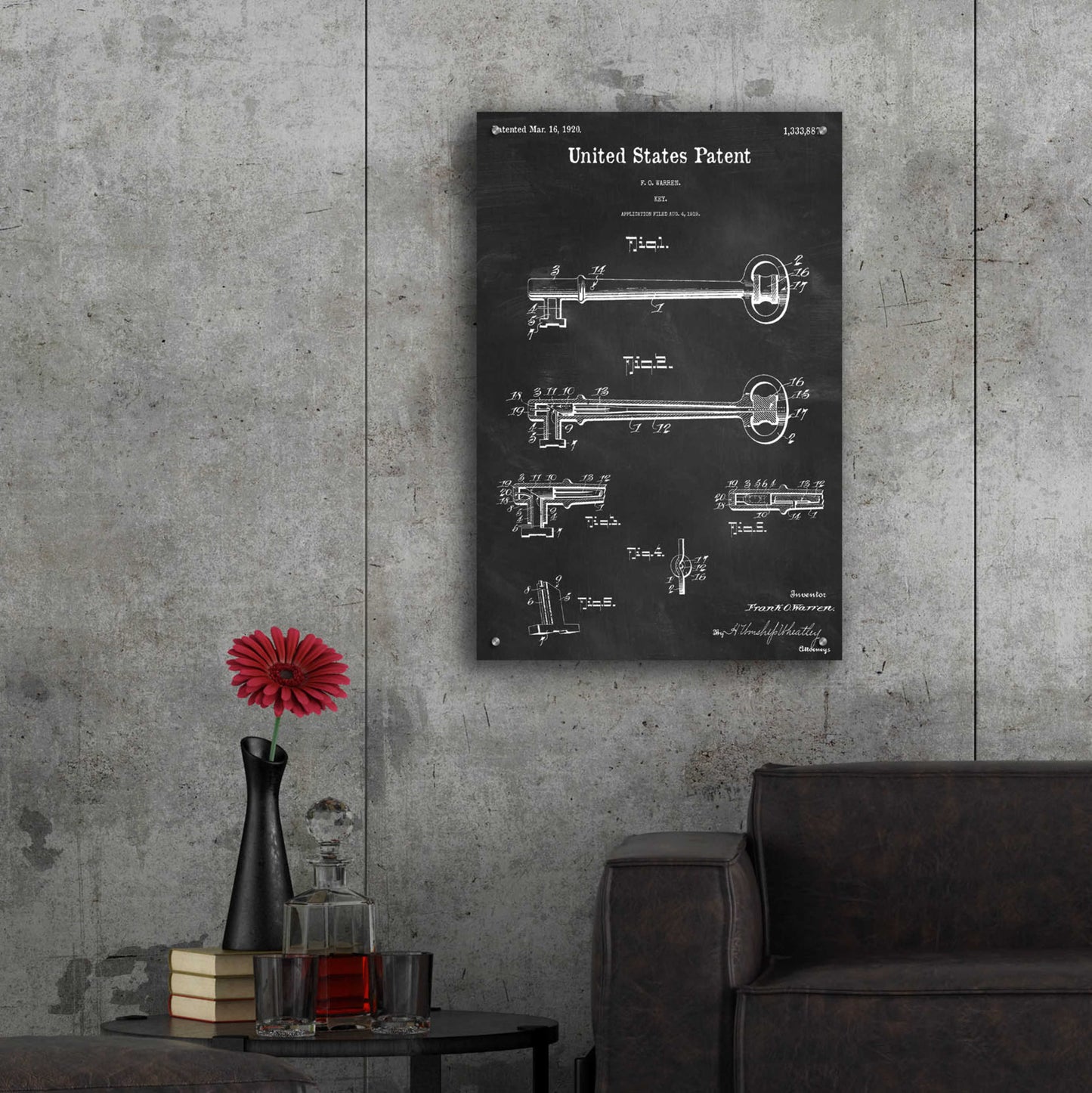 Epic Art 'Vintage Key Blueprint Patent Chalkboard,' Acrylic Glass Wall Art,24x36