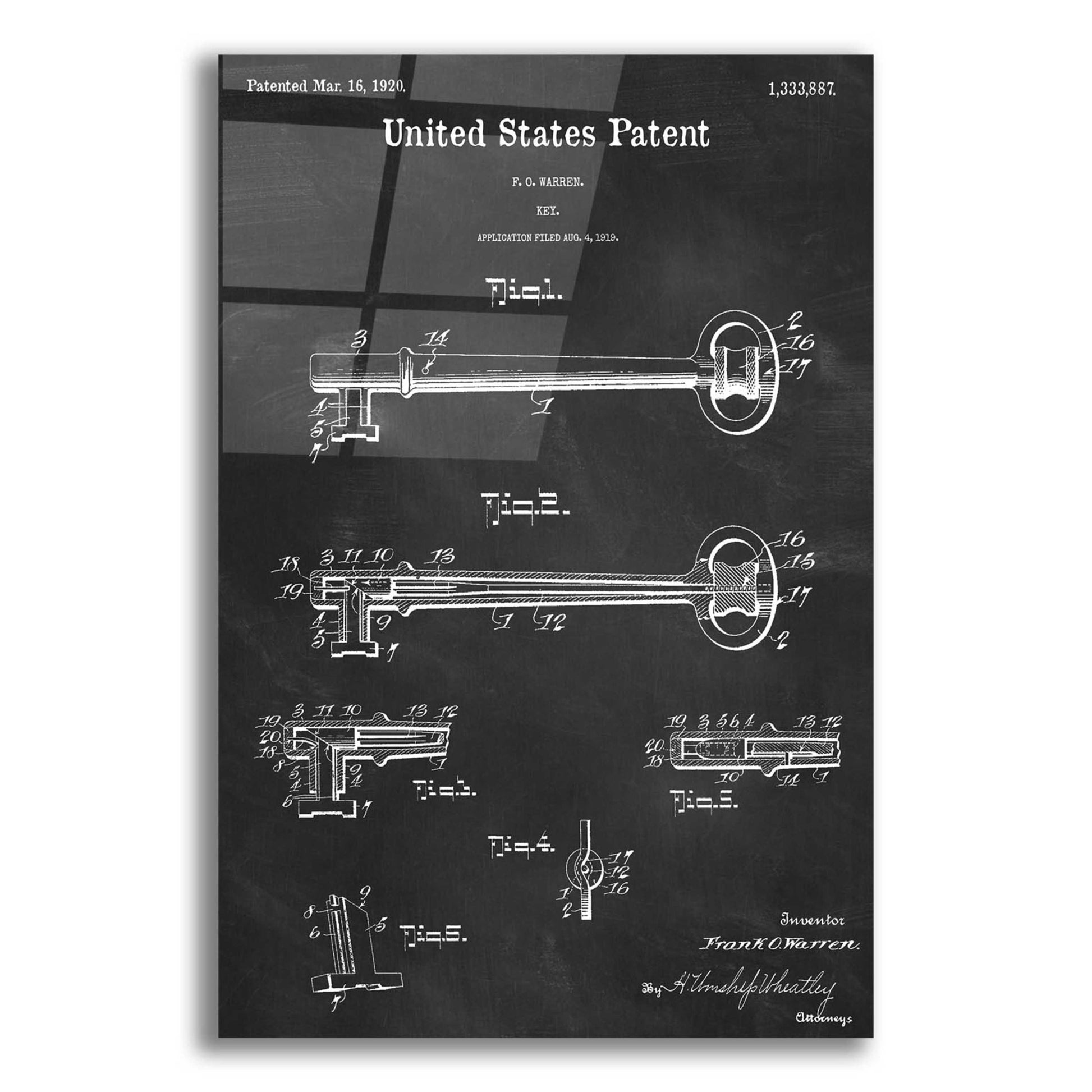 Epic Art 'Vintage Key Blueprint Patent Chalkboard,' Acrylic Glass Wall Art,12x16x1.1x0,18x26x1.1x0,26x34x1.74x0,40x54x1.74x0