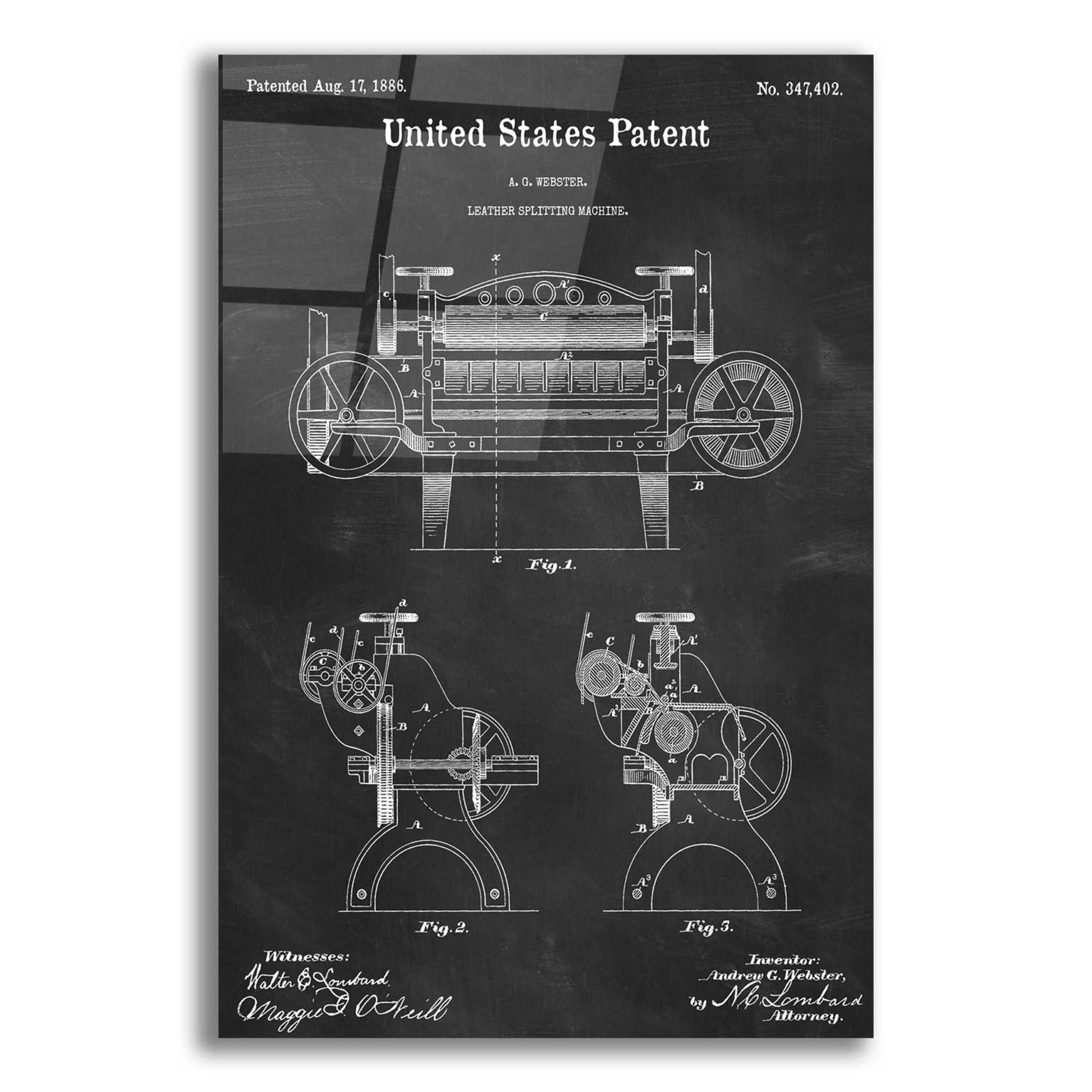 Epic Art 'Leather Splitting Machine Blueprint Patent Chalkboard,' Acrylic Glass Wall Art,12x16x1.1x0,18x26x1.1x0,26x34x1.74x0,40x54x1.74x0