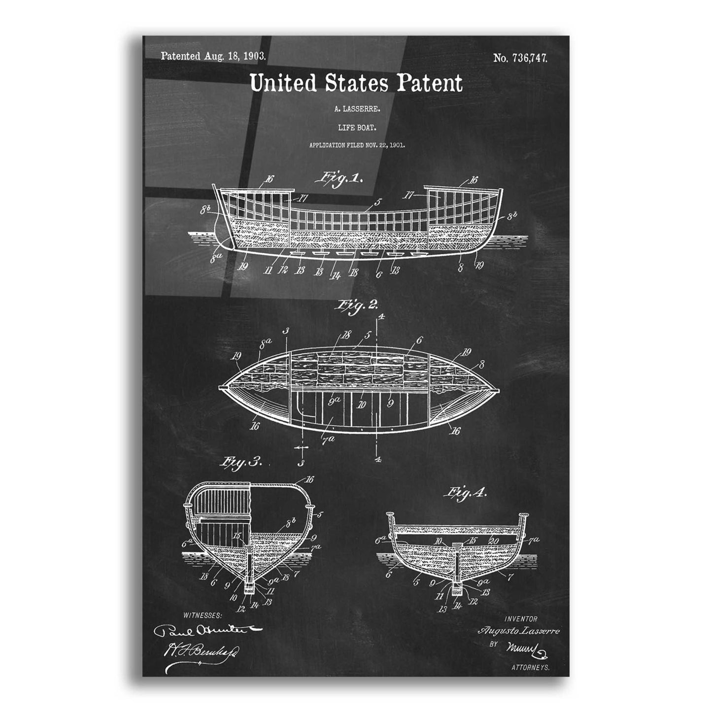 Epic Art 'Lifeboat Blueprint Patent Chalkboard,' Acrylic Glass Wall Art,12x16x1.1x0,18x26x1.1x0,26x34x1.74x0,40x54x1.74x0