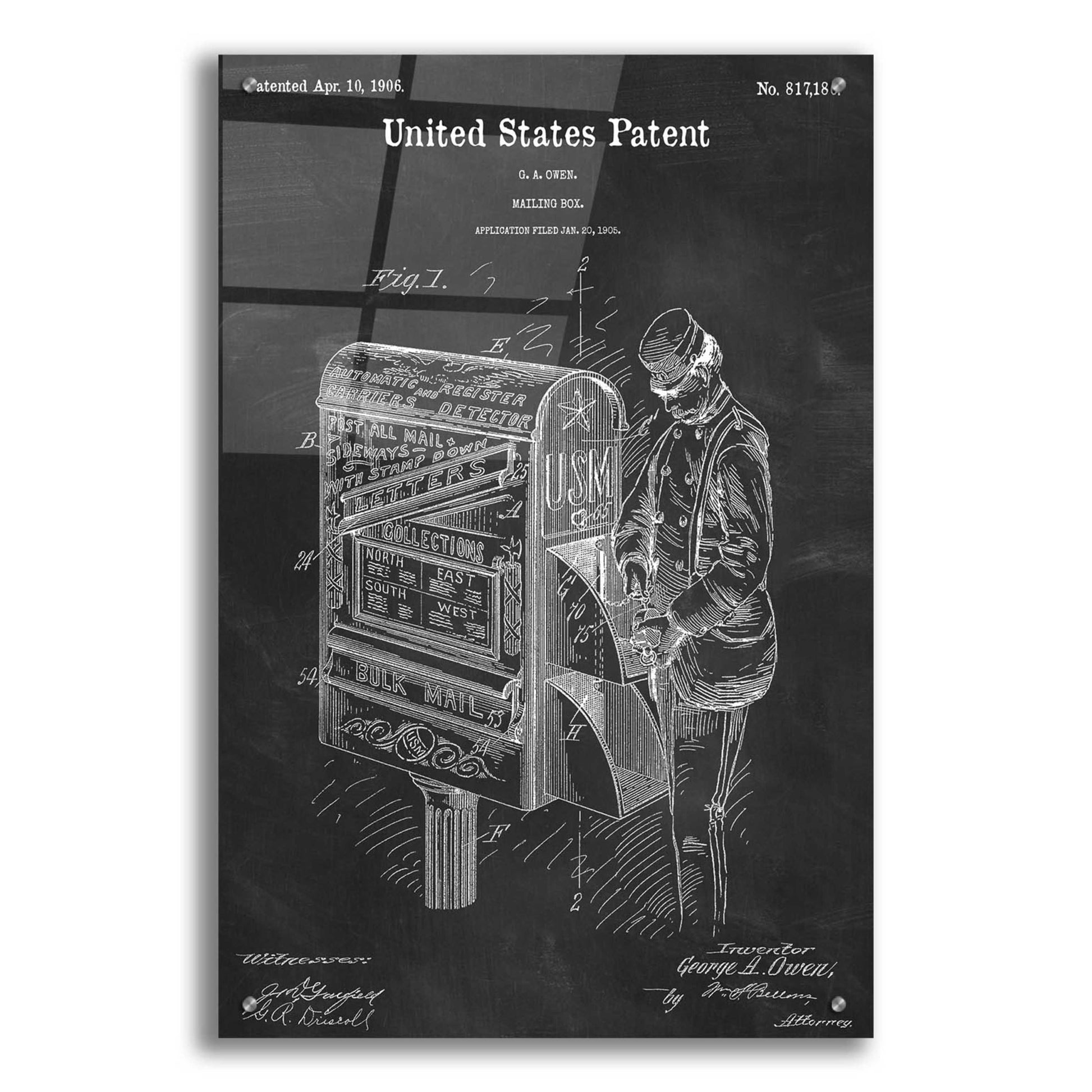 Epic Art 'Mailbox Blueprint Patent Chalkboard,' Acrylic Glass Wall Art,24x36