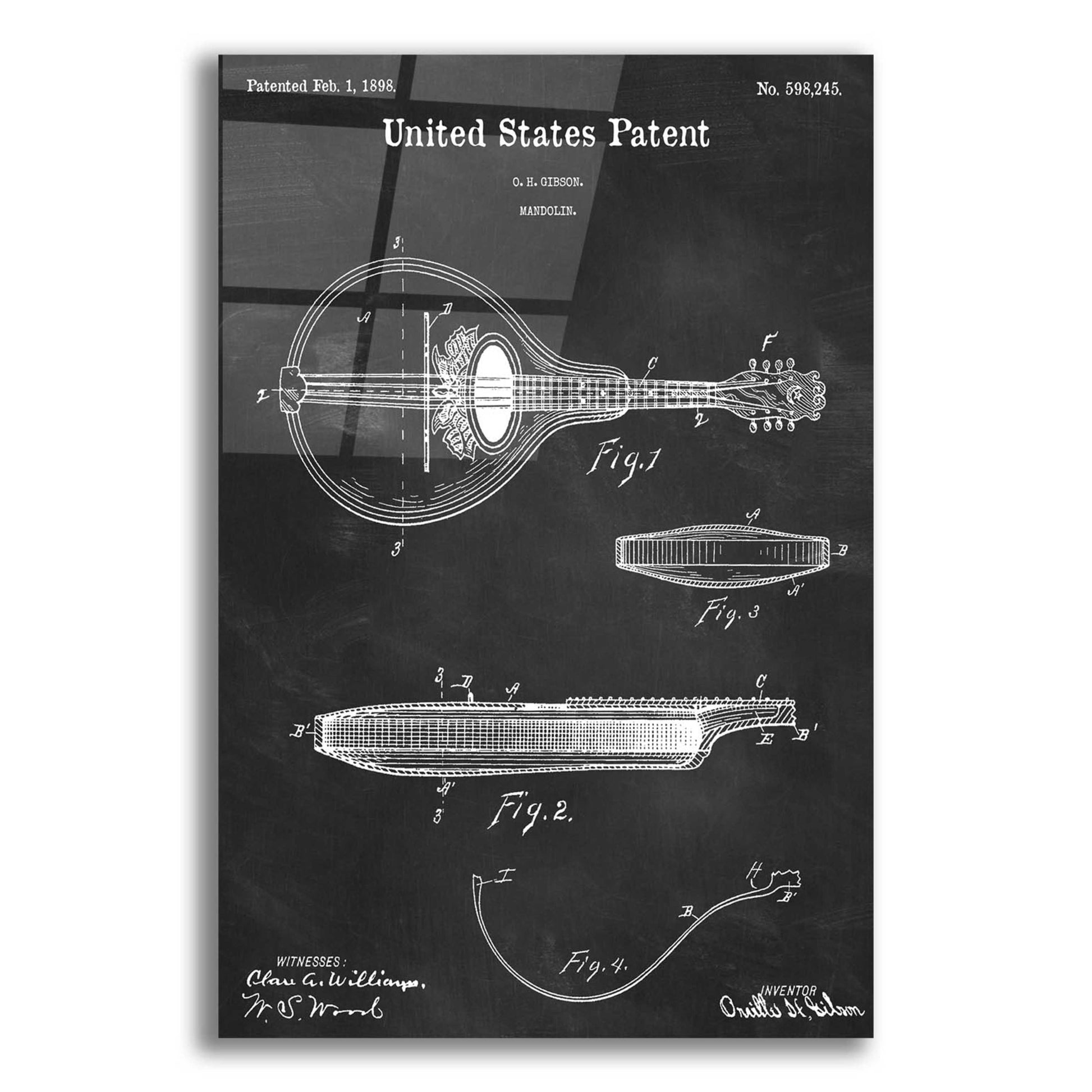 Epic Art 'Mandolin Blueprint Patent Chalkboard,' Acrylic Glass Wall Art,12x16