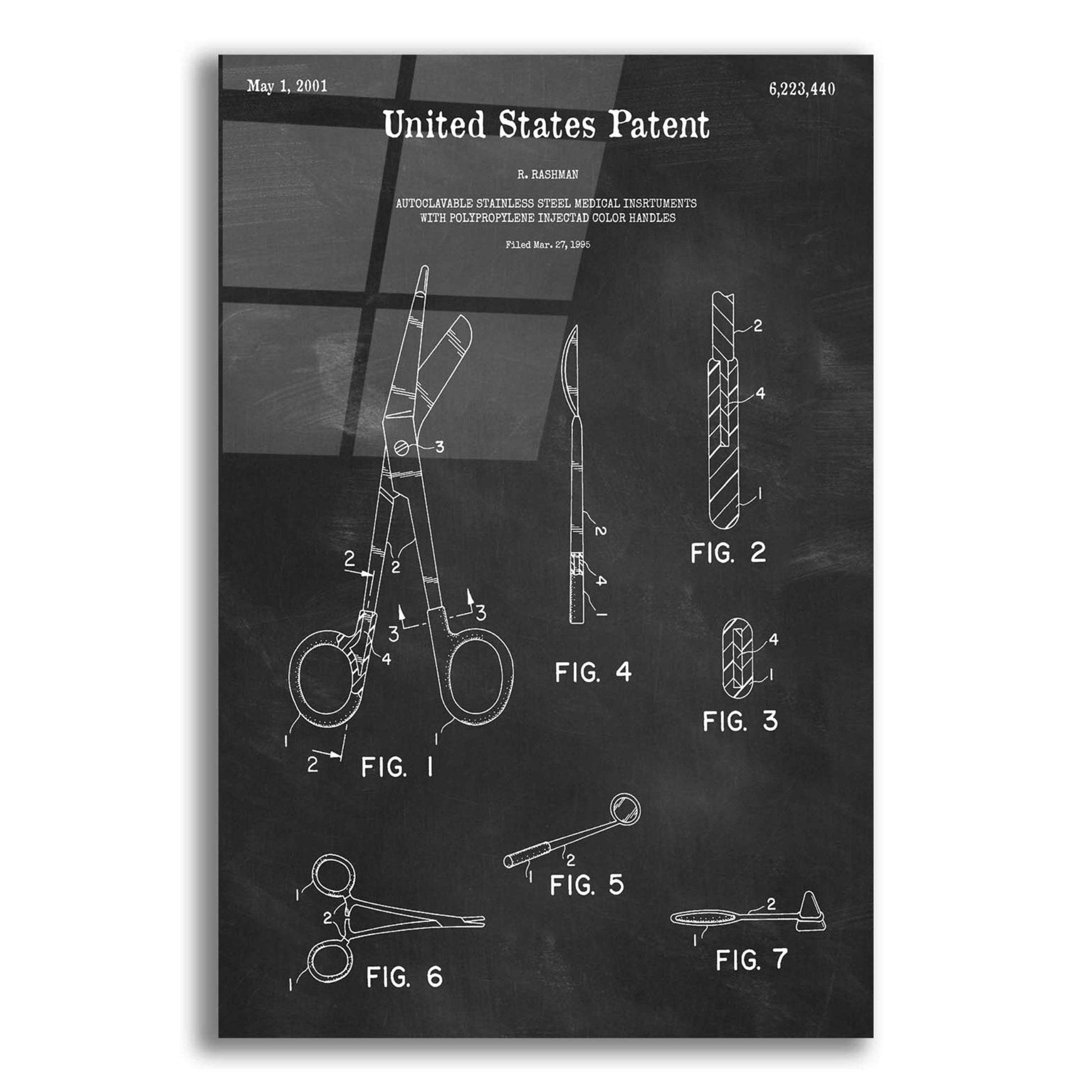 Epic Art 'Medical Instruments Blueprint Patent Chalkboard,' Acrylic Glass Wall Art,12x16x1.1x0,18x26x1.1x0,26x34x1.74x0,40x54x1.74x0