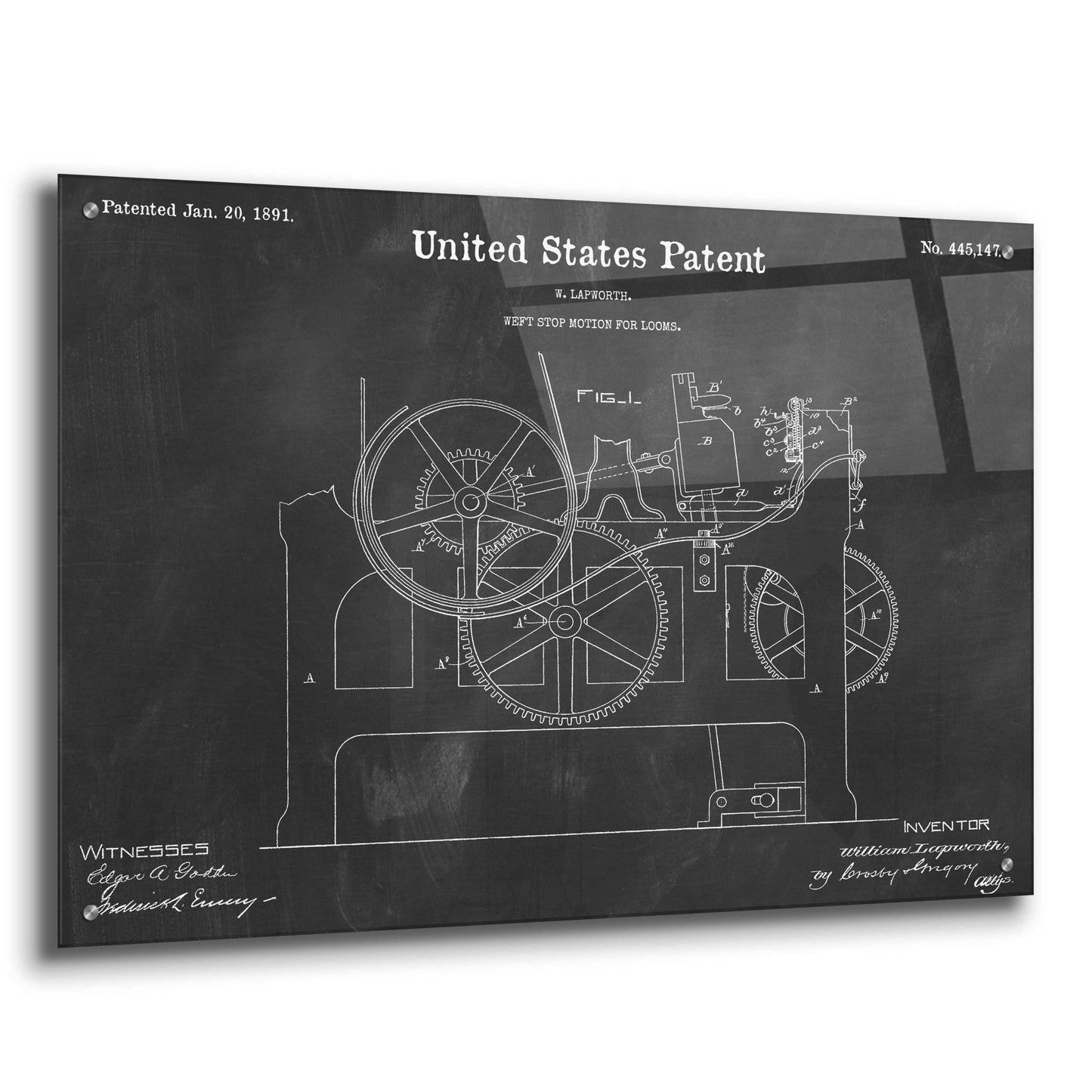 Epic Art 'Weft Stop Motion for Looms Blueprint Patent Chalkboard,' Acrylic Glass Wall Art,36x24