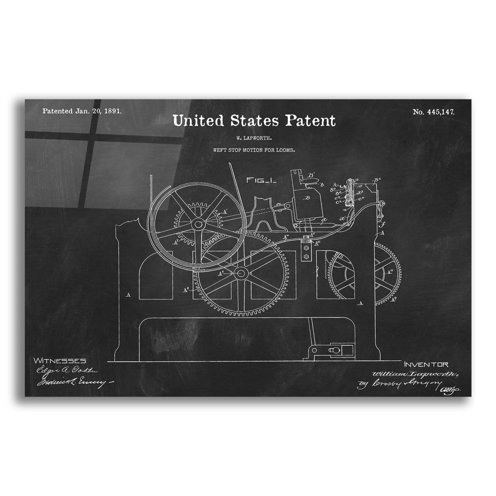 Epic Art 'Weft Stop Motion for Looms Blueprint Patent Chalkboard,' Acrylic Glass Wall Art,16x12x1.1x0,26x18x1.1x0,34x26x1.74x0,54x40x1.74x0