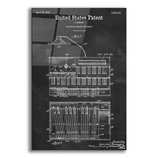 Epic Art 'Keyboard Instrument Blueprint Patent Chalkboard,' Acrylic Glass Wall Art,12x16x1.1x0,18x26x1.1x0,26x34x1.74x0,40x54x1.74x0