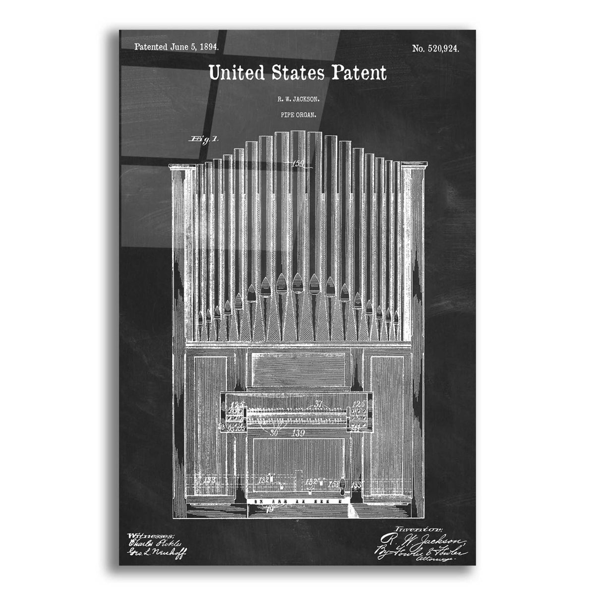 Epic Art 'Pipe Organ Blueprint Patent Chalkboard,' Acrylic Glass Wall Art,12x16x1.1x0,18x26x1.1x0,26x34x1.74x0,40x54x1.74x0