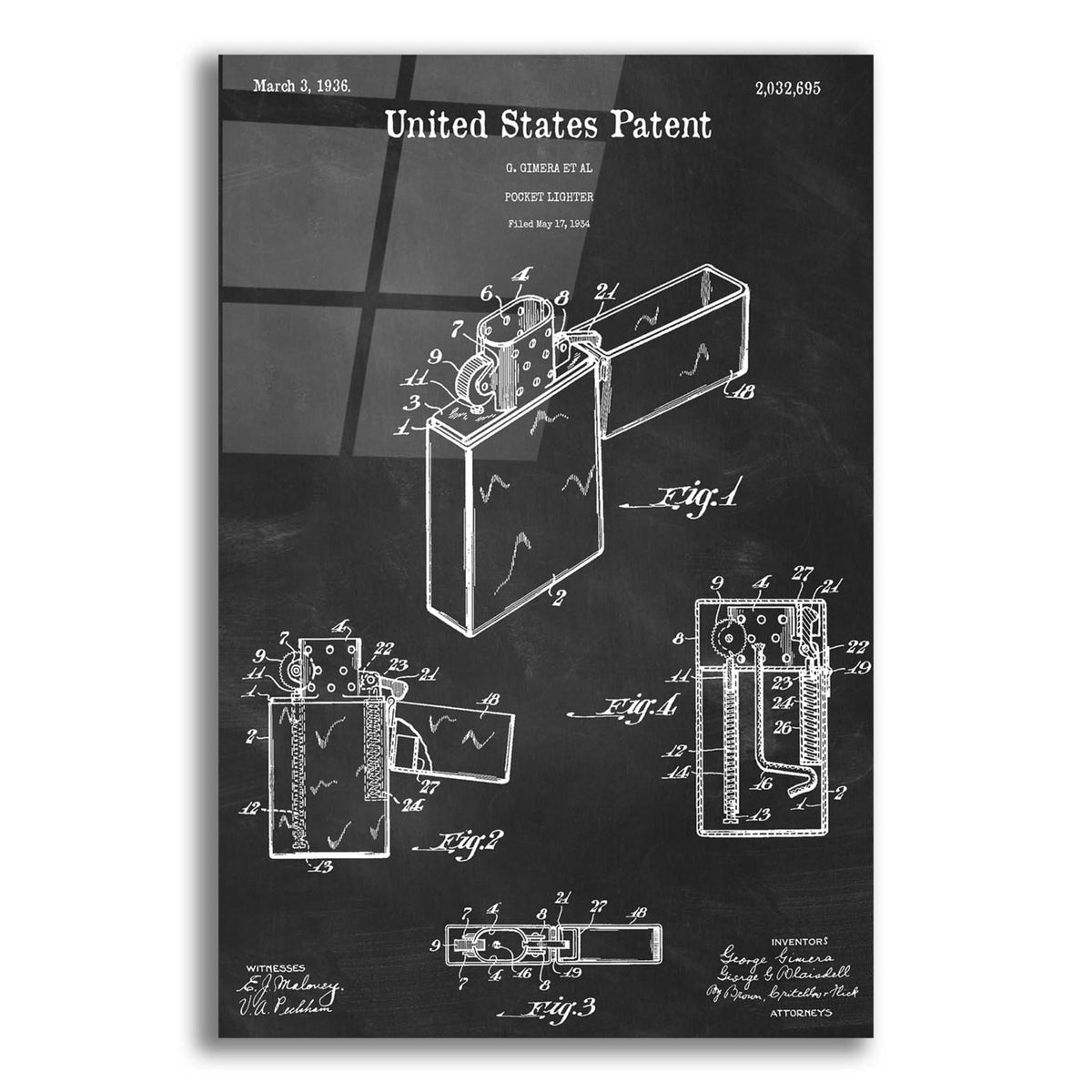 Epic Art 'Pocket Lighter Blueprint Patent Chalkboard,' Acrylic Glass Wall Art,12x16x1.1x0,18x26x1.1x0,26x34x1.74x0,40x54x1.74x0