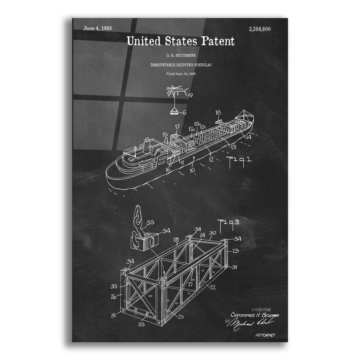 Epic Art 'Shipping Gondola Blueprint Patent Chalkboard,' Acrylic Glass Wall Art,12x16x1.1x0,18x26x1.1x0,26x34x1.74x0,40x54x1.74x0