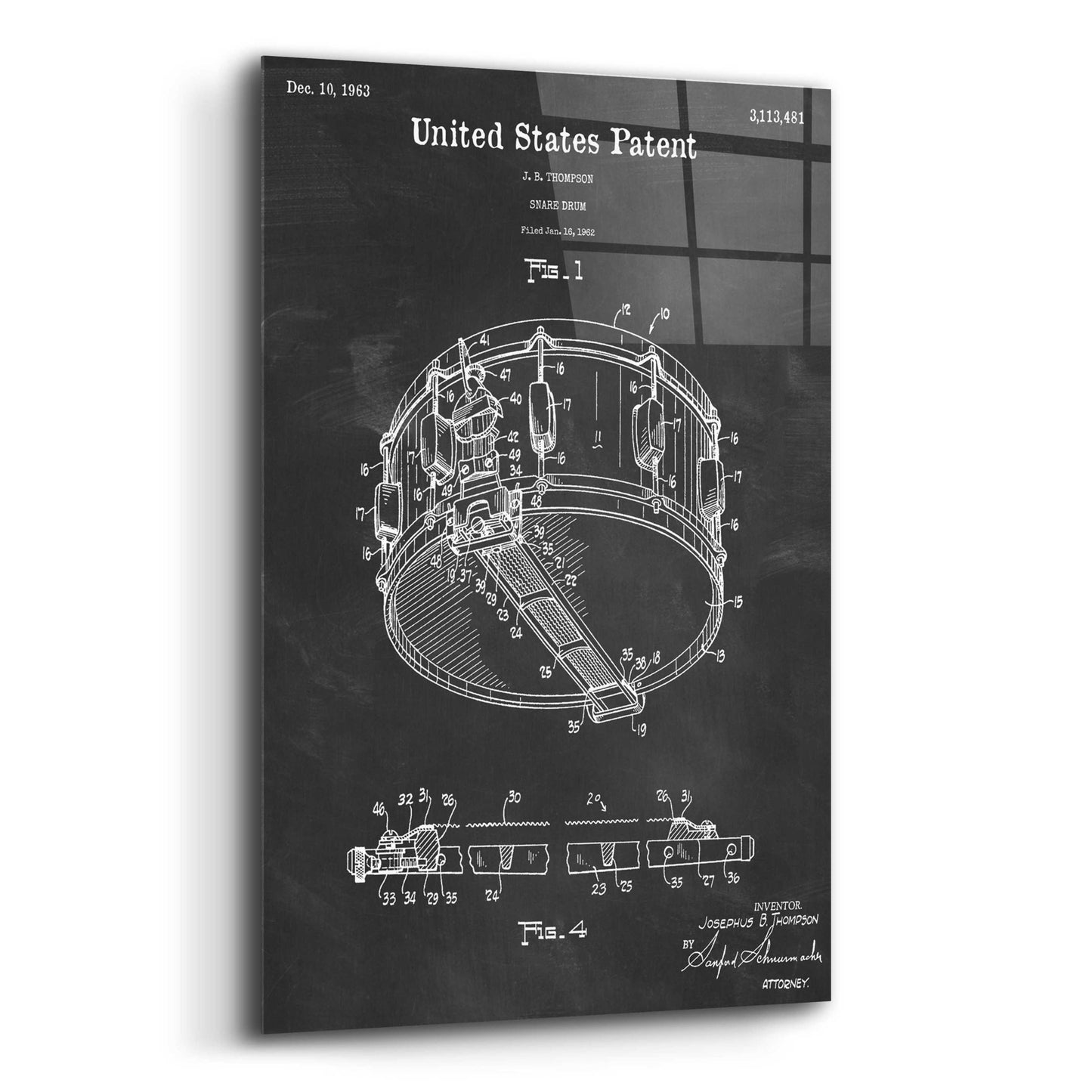 Epic Art 'Snare Drum Blueprint Patent Chalkboard,' Acrylic Glass Wall Art,16x24