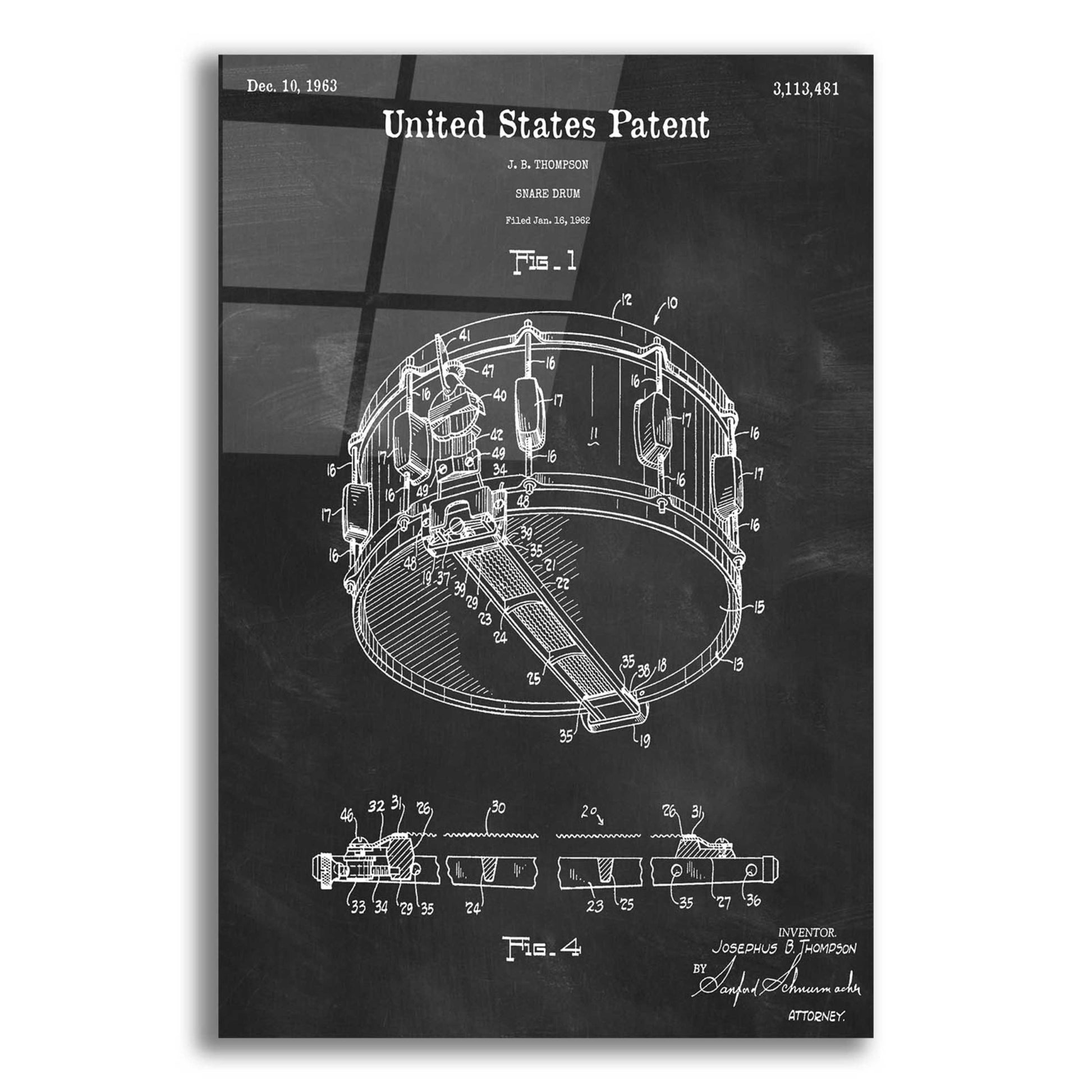 Epic Art 'Snare Drum Blueprint Patent Chalkboard,' Acrylic Glass Wall Art,12x16x1.1x0,18x26x1.1x0,26x34x1.74x0,40x54x1.74x0