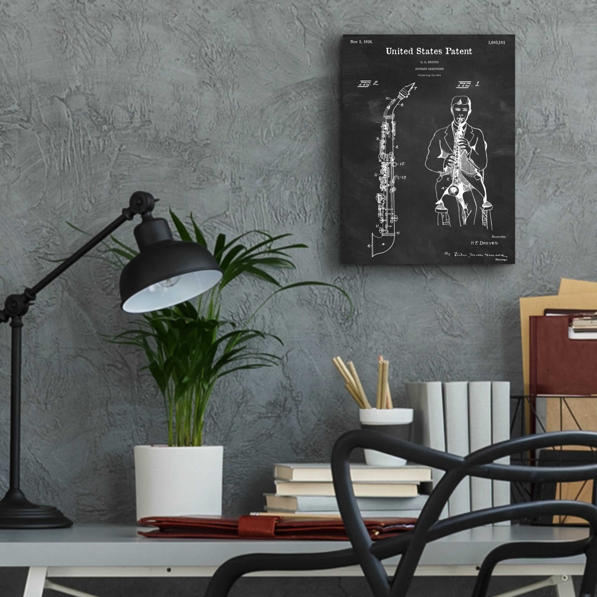 Epic Art 'Soprano Saxophone Blueprint Patent Chalkboard,' Acrylic Glass Wall Art,12x16