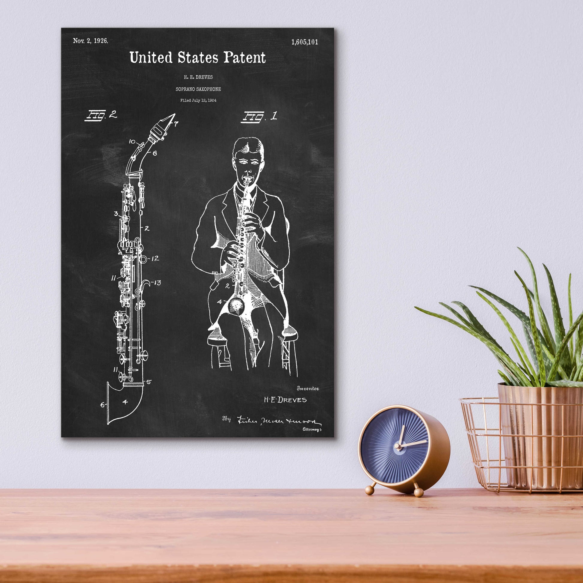 Epic Art 'Soprano Saxophone Blueprint Patent Chalkboard,' Acrylic Glass Wall Art,12x16