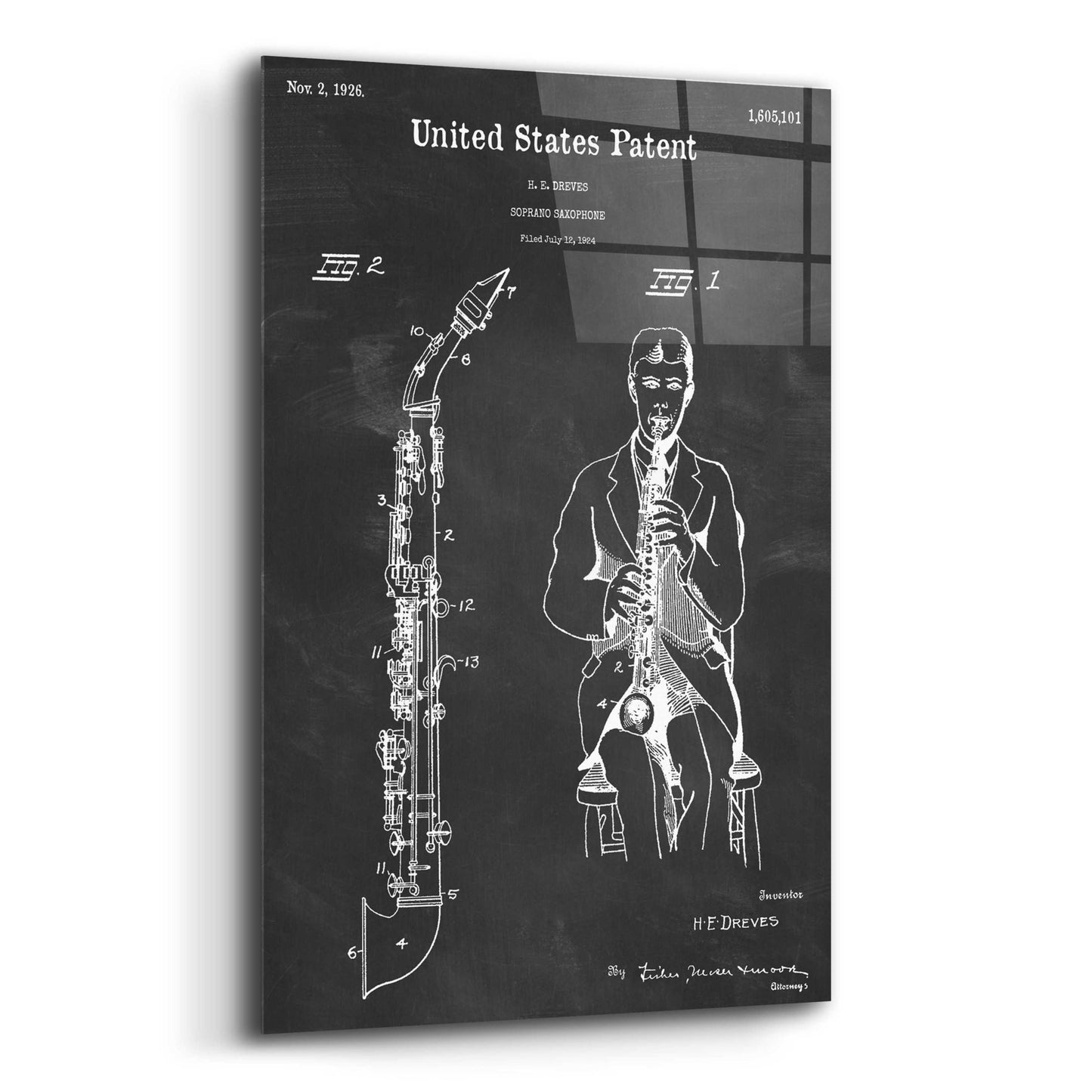 Epic Art 'Soprano Saxophone Blueprint Patent Chalkboard,' Acrylic Glass Wall Art,16x24