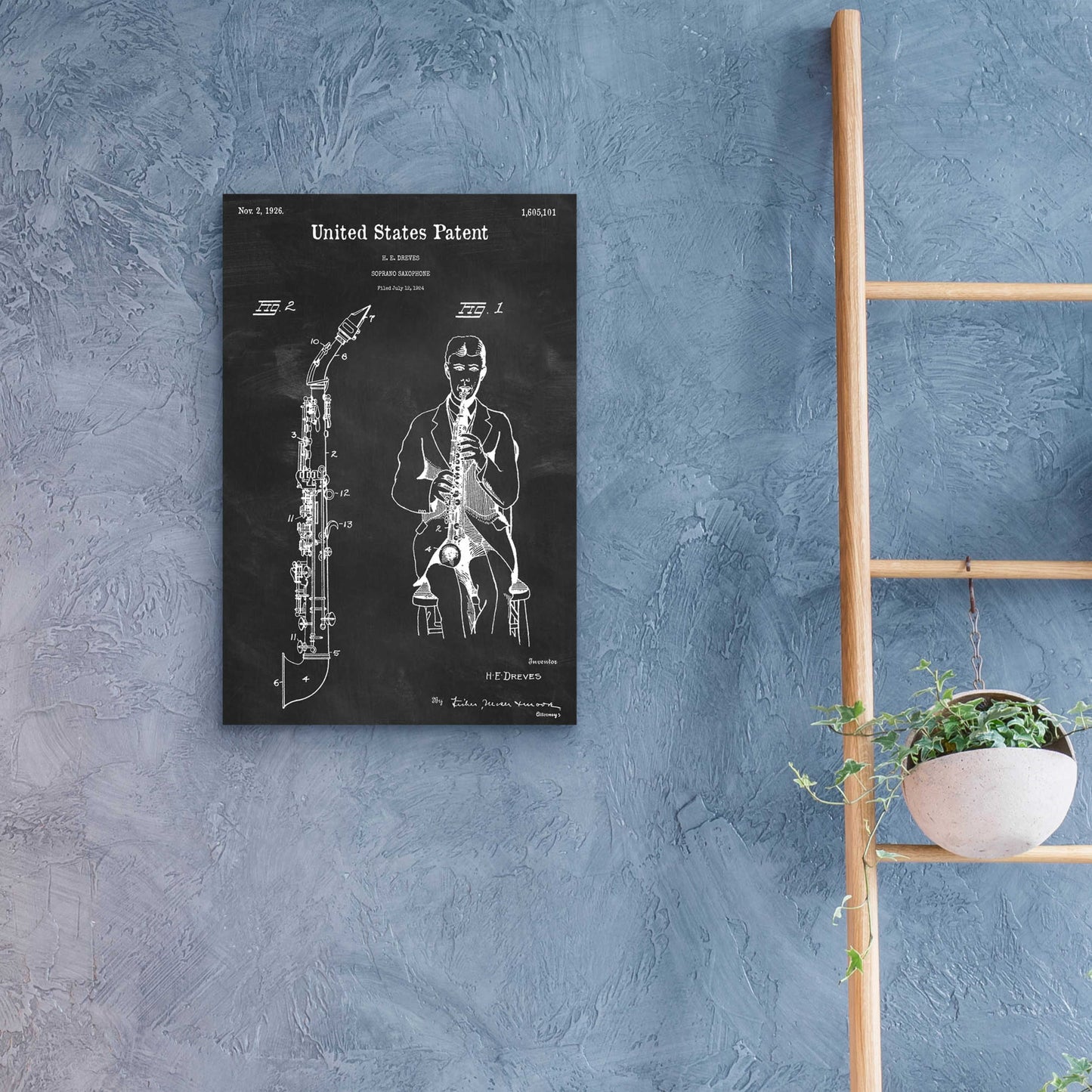 Epic Art 'Soprano Saxophone Blueprint Patent Chalkboard,' Acrylic Glass Wall Art,16x24