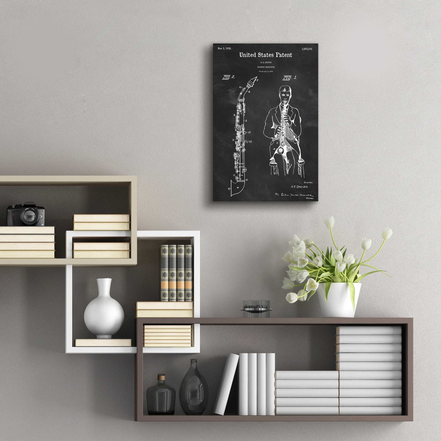 Epic Art 'Soprano Saxophone Blueprint Patent Chalkboard,' Acrylic Glass Wall Art,16x24