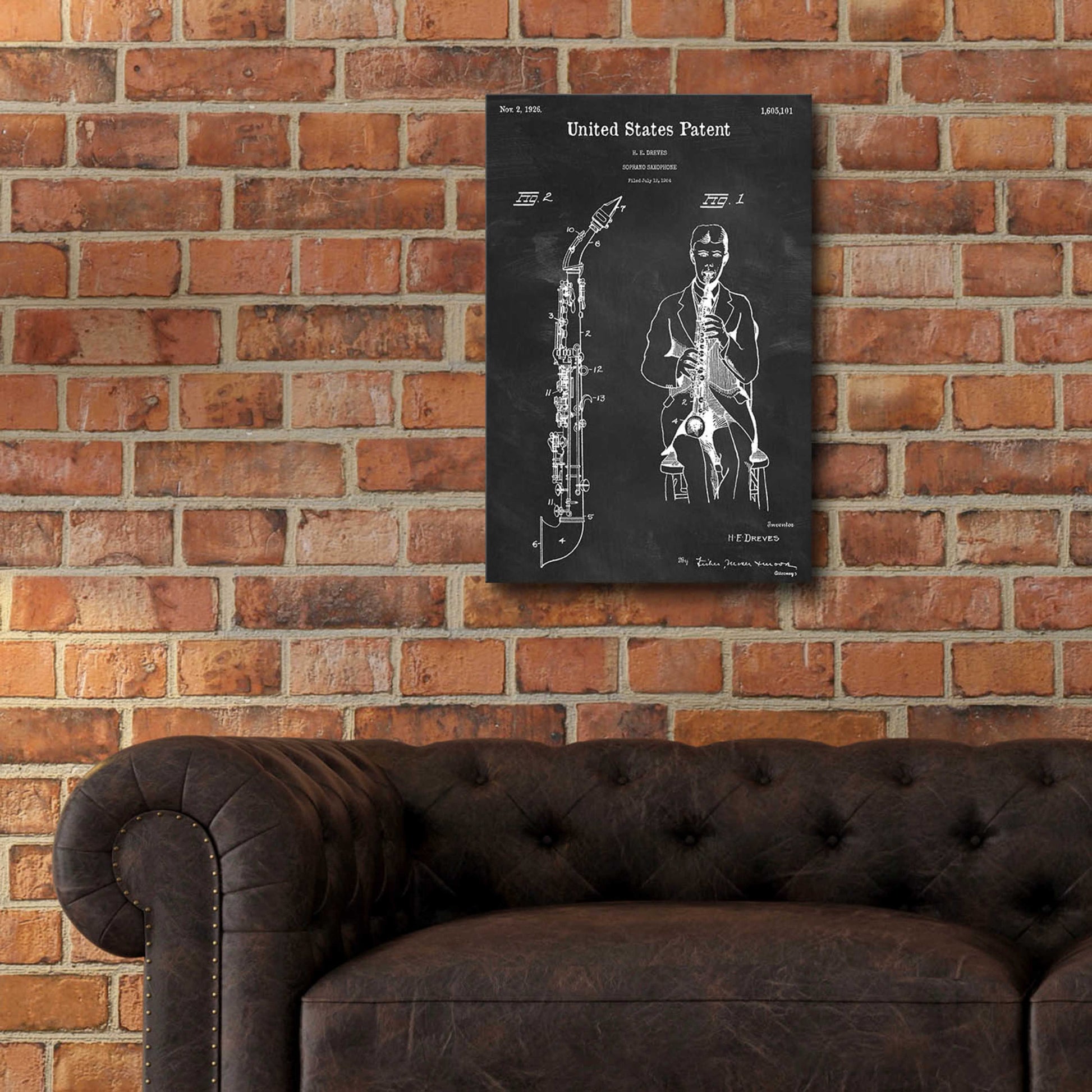 Epic Art 'Soprano Saxophone Blueprint Patent Chalkboard,' Acrylic Glass Wall Art,16x24