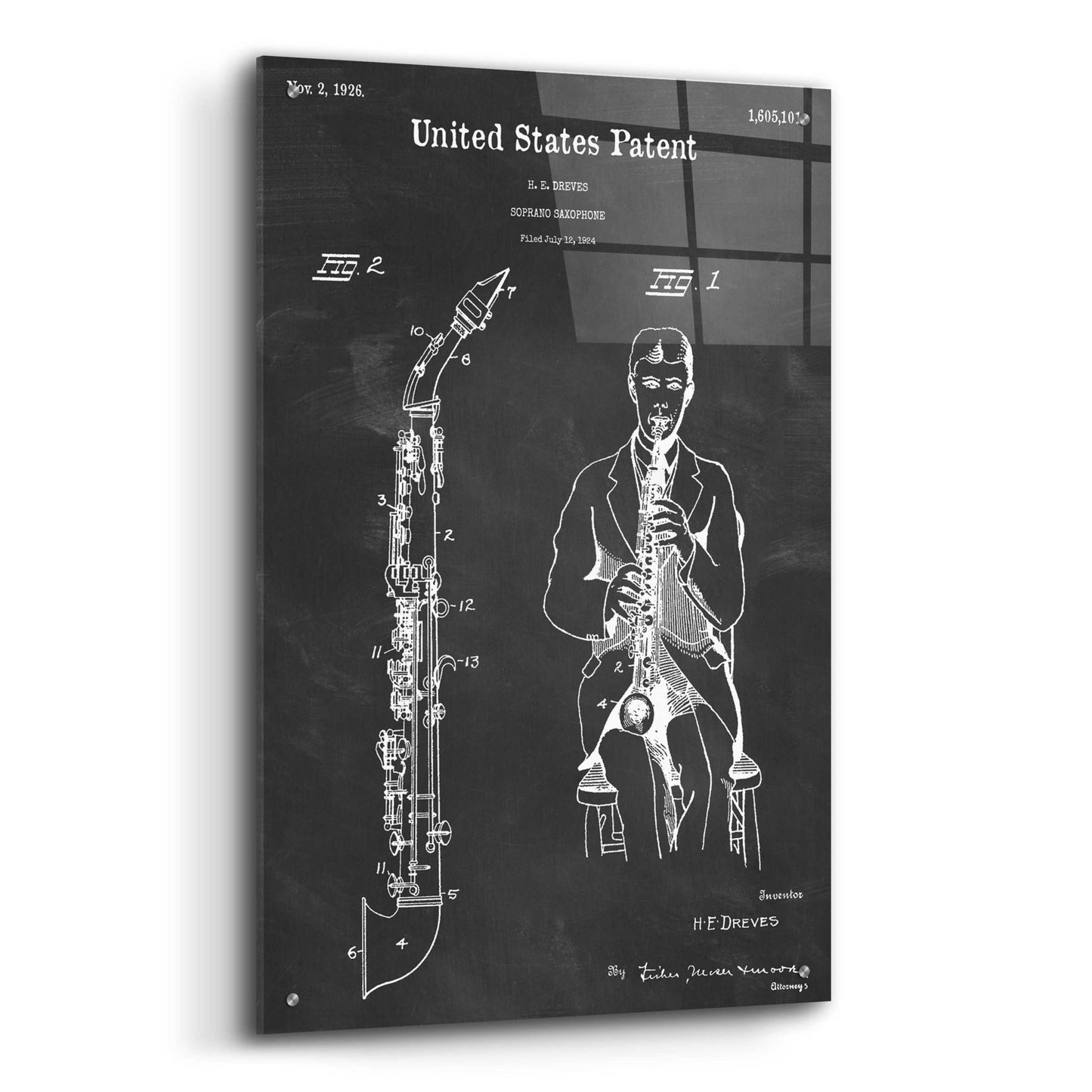 Epic Art 'Soprano Saxophone Blueprint Patent Chalkboard,' Acrylic Glass Wall Art,24x36