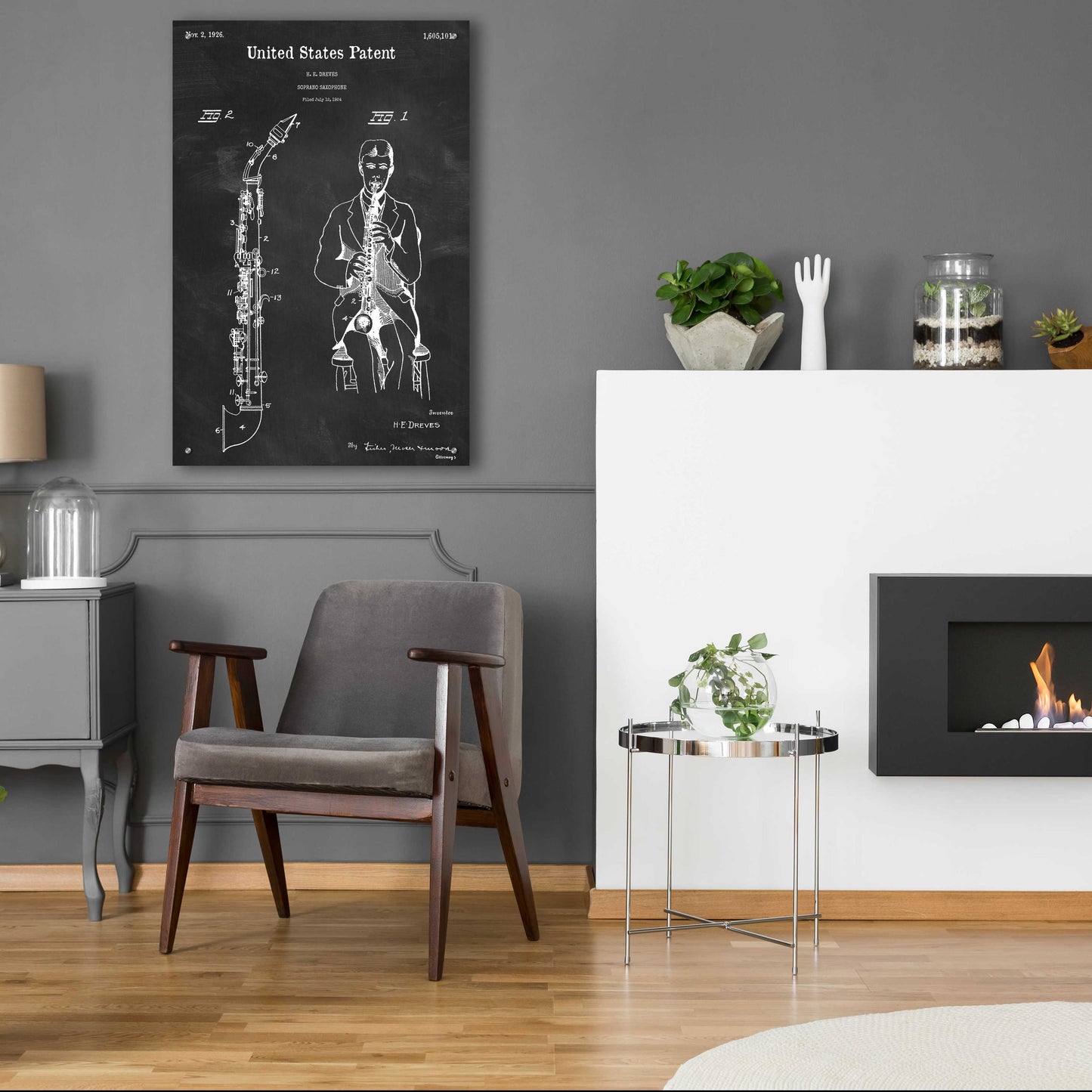 Epic Art 'Soprano Saxophone Blueprint Patent Chalkboard,' Acrylic Glass Wall Art,24x36