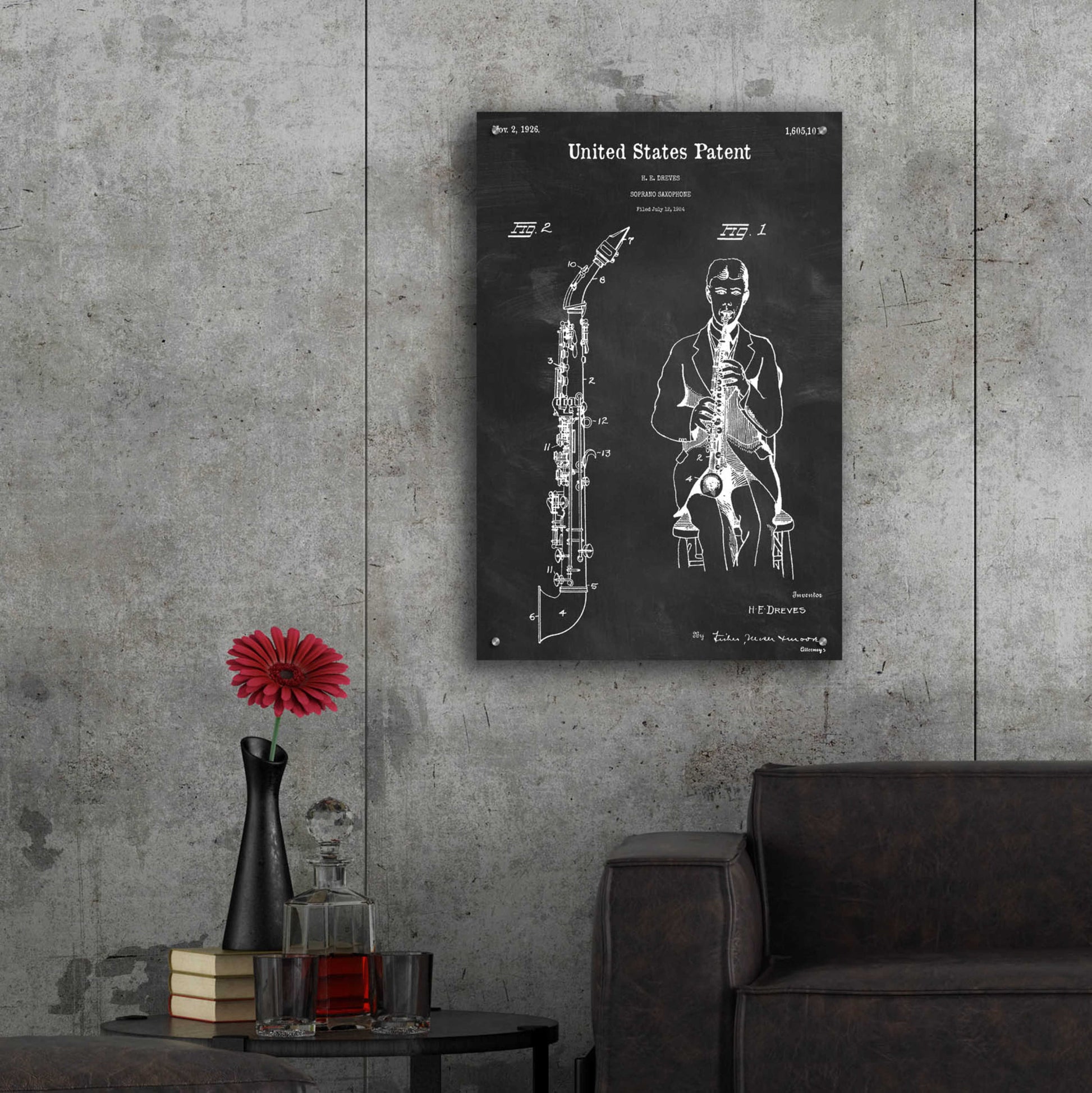Epic Art 'Soprano Saxophone Blueprint Patent Chalkboard,' Acrylic Glass Wall Art,24x36