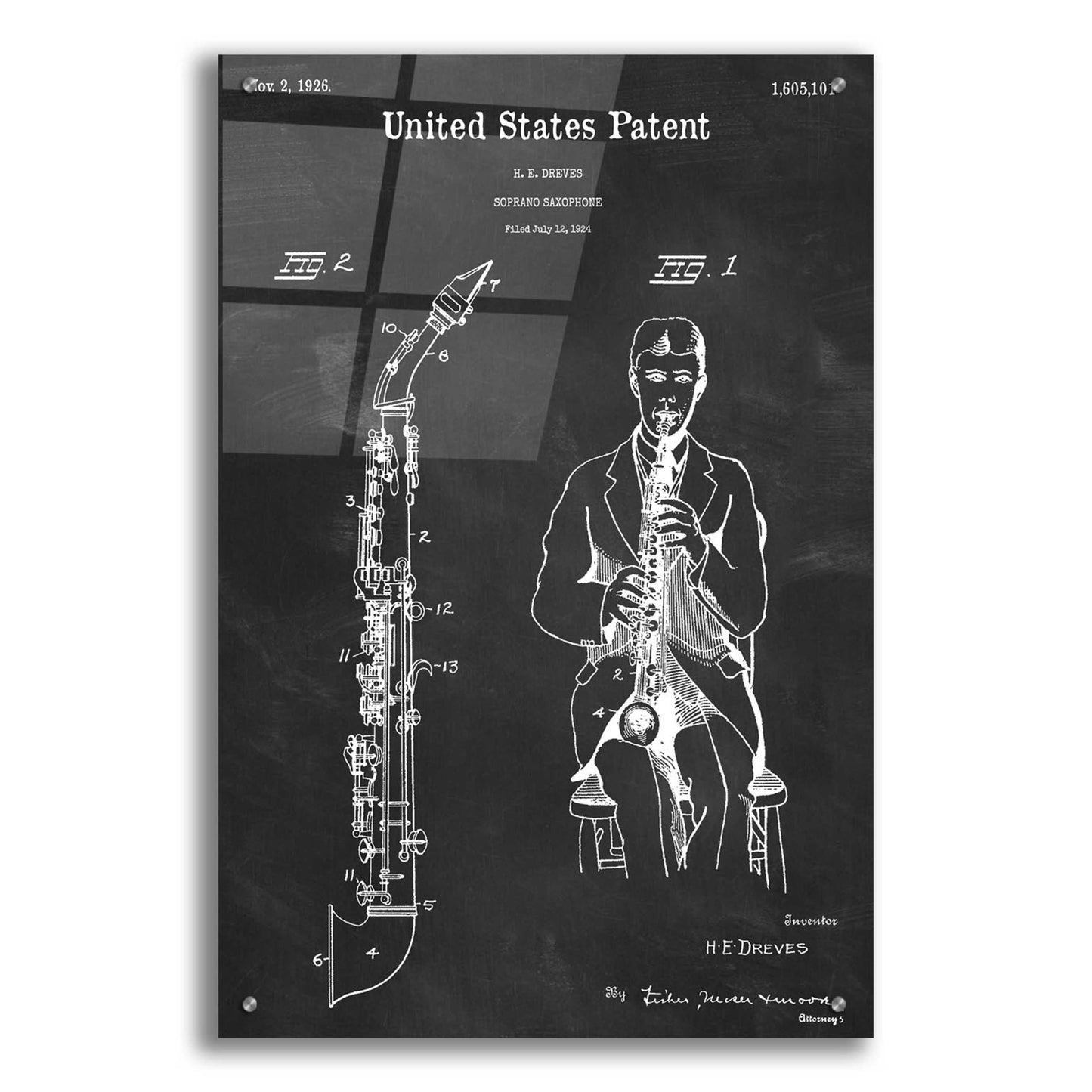 Epic Art 'Soprano Saxophone Blueprint Patent Chalkboard,' Acrylic Glass Wall Art,24x36