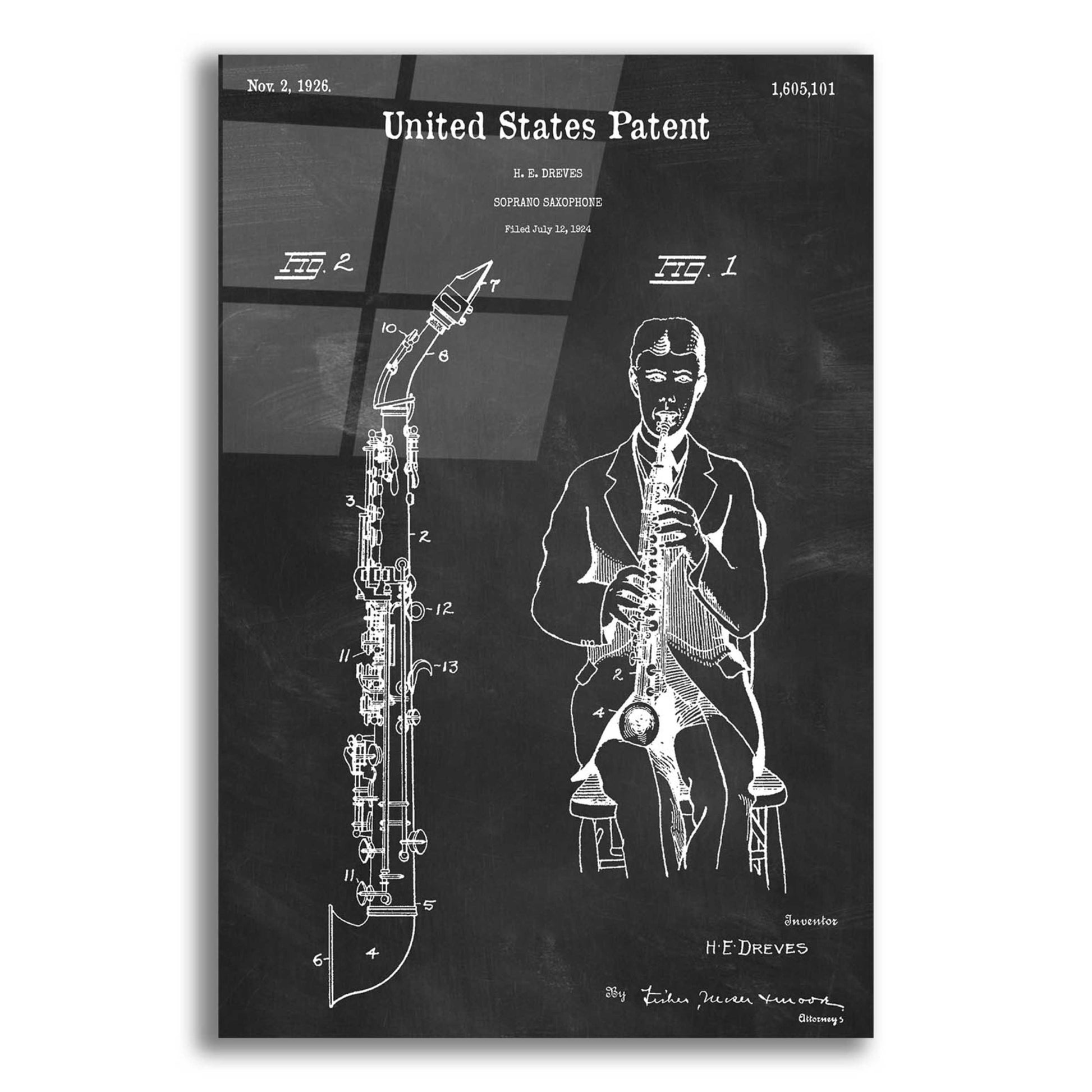 Epic Art 'Soprano Saxophone Blueprint Patent Chalkboard,' Acrylic Glass Wall Art,12x16x1.1x0,18x26x1.1x0,26x34x1.74x0,40x54x1.74x0