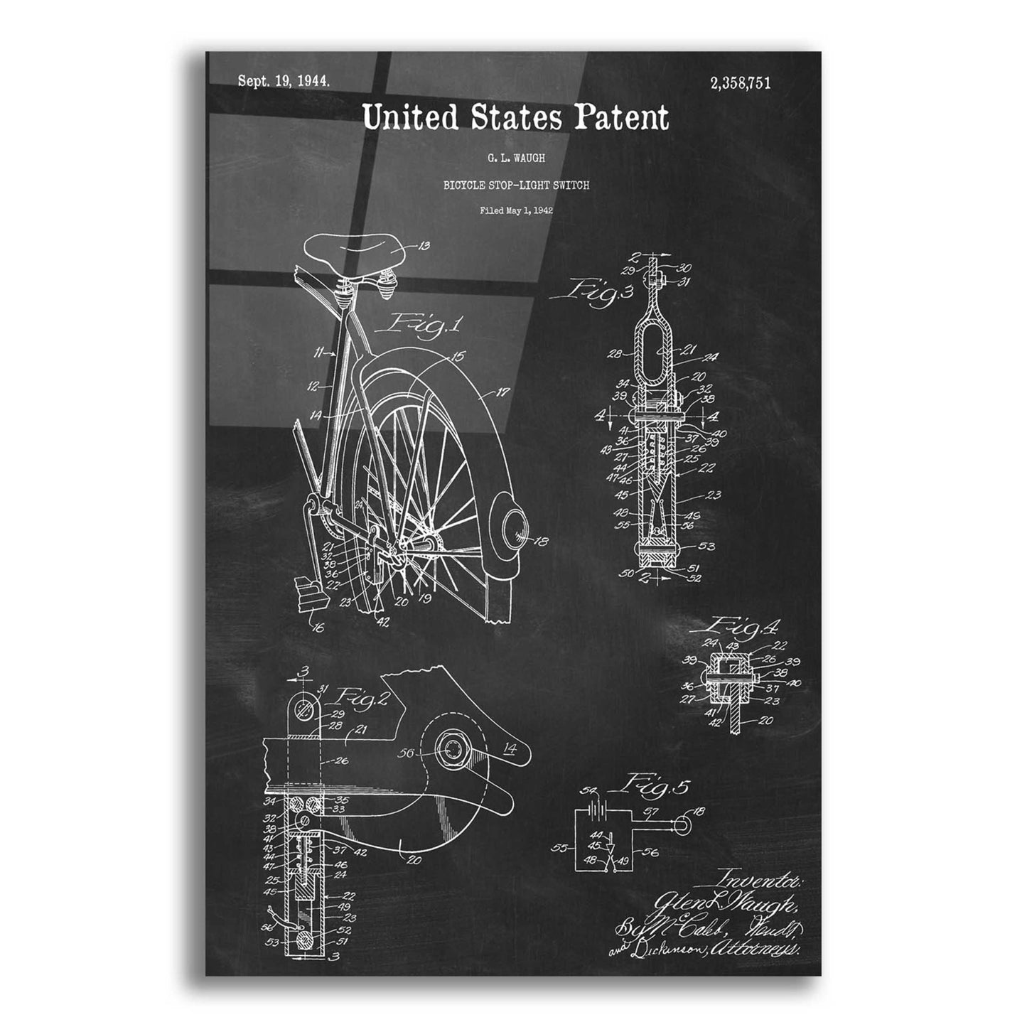 Epic Art 'Bicycle Stop-light Switch Blueprint Patent Chalkboard,' Acrylic Glass Wall Art,12x16x1.1x0,18x26x1.1x0,26x34x1.74x0,40x54x1.74x0