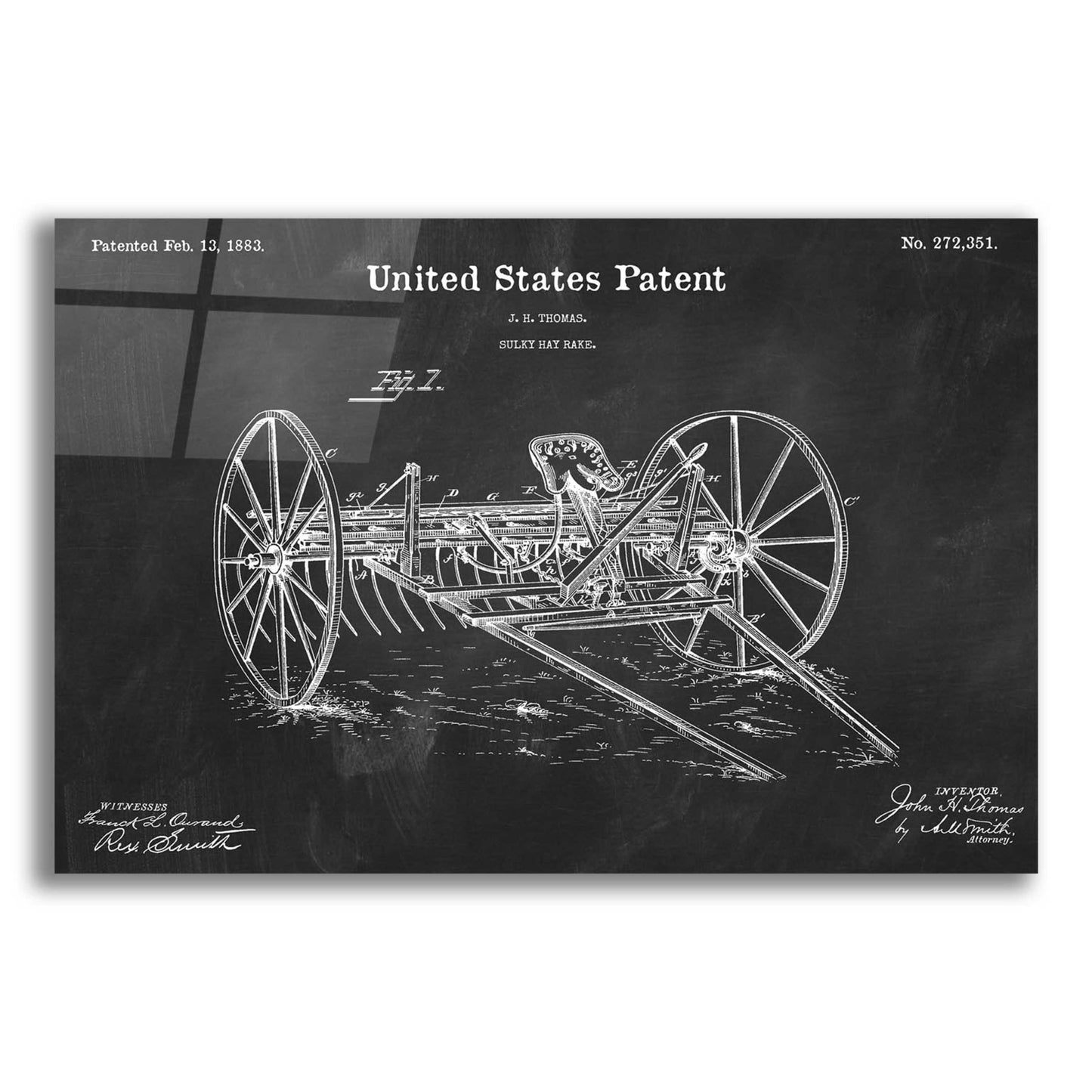 Epic Art 'Horse Drawn Hay Rake Blueprint Patent Chalkboard,' Acrylic Glass Wall Art,16x12