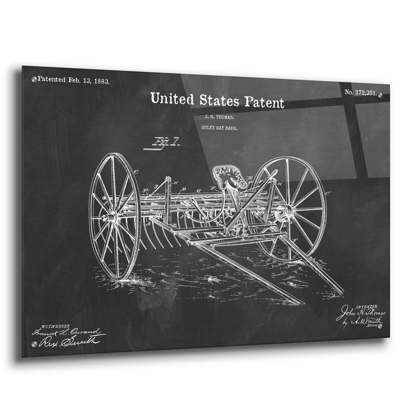 Epic Art 'Horse Drawn Hay Rake Blueprint Patent Chalkboard,' Acrylic Glass Wall Art,36x24