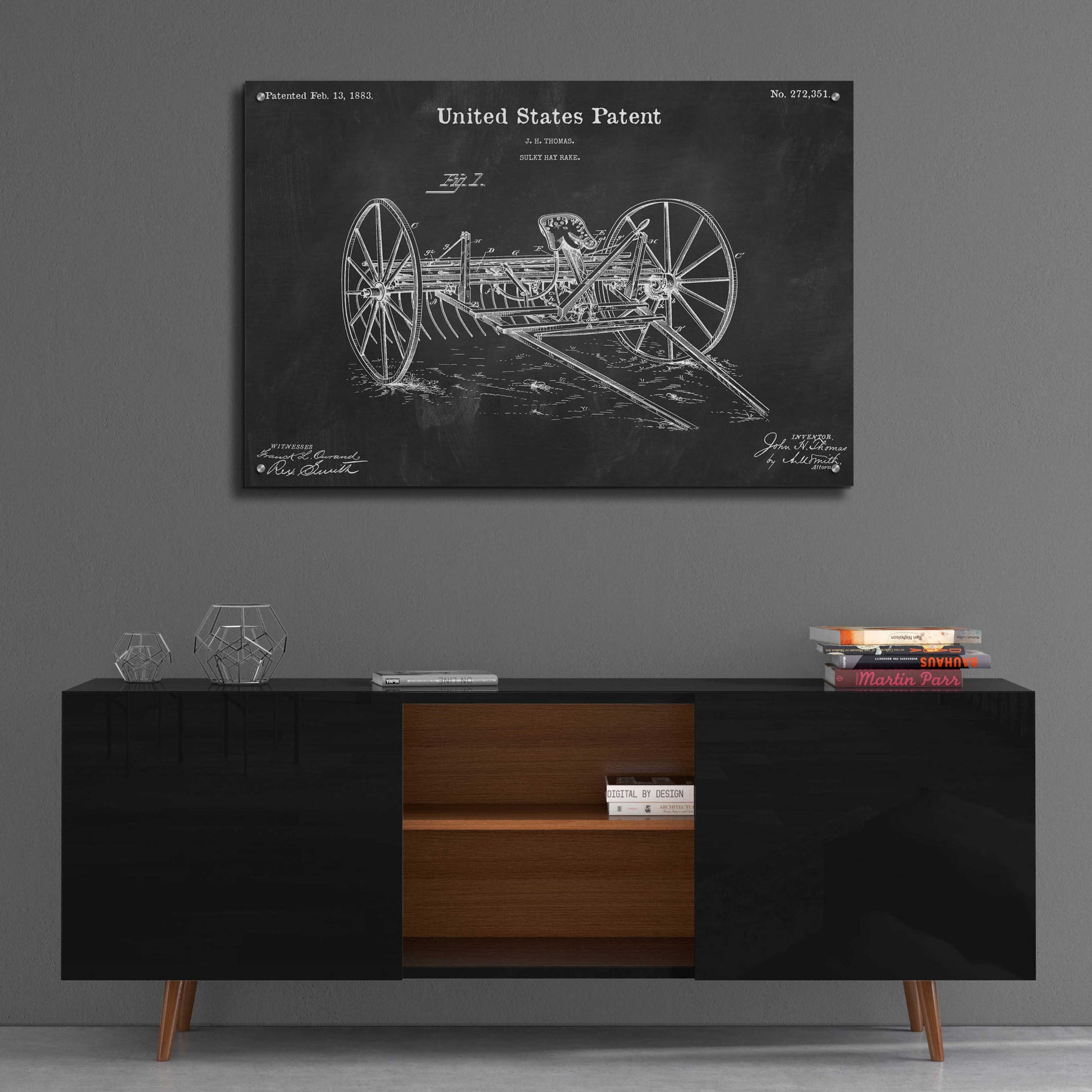 Epic Art 'Horse Drawn Hay Rake Blueprint Patent Chalkboard,' Acrylic Glass Wall Art,36x24