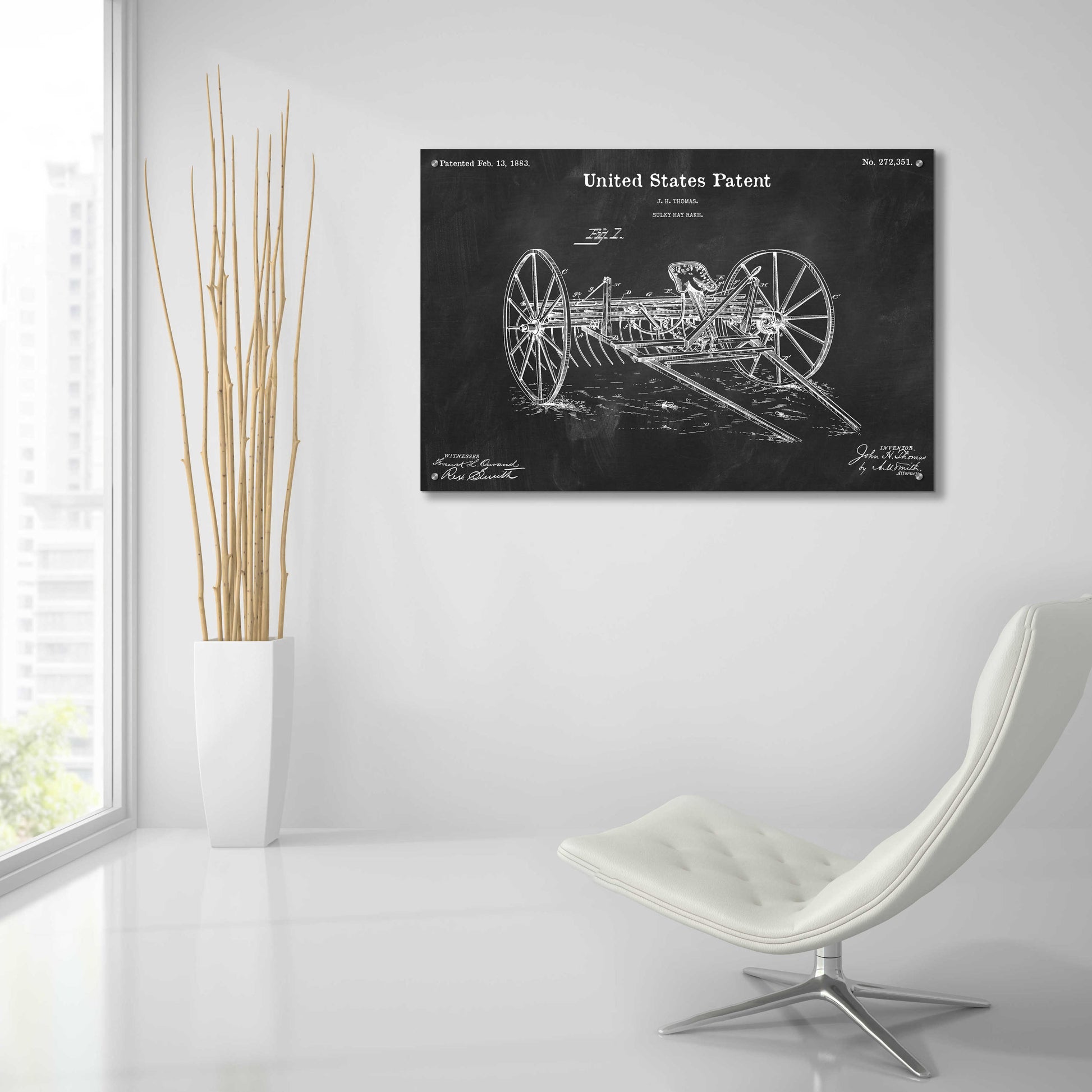 Epic Art 'Horse Drawn Hay Rake Blueprint Patent Chalkboard,' Acrylic Glass Wall Art,36x24