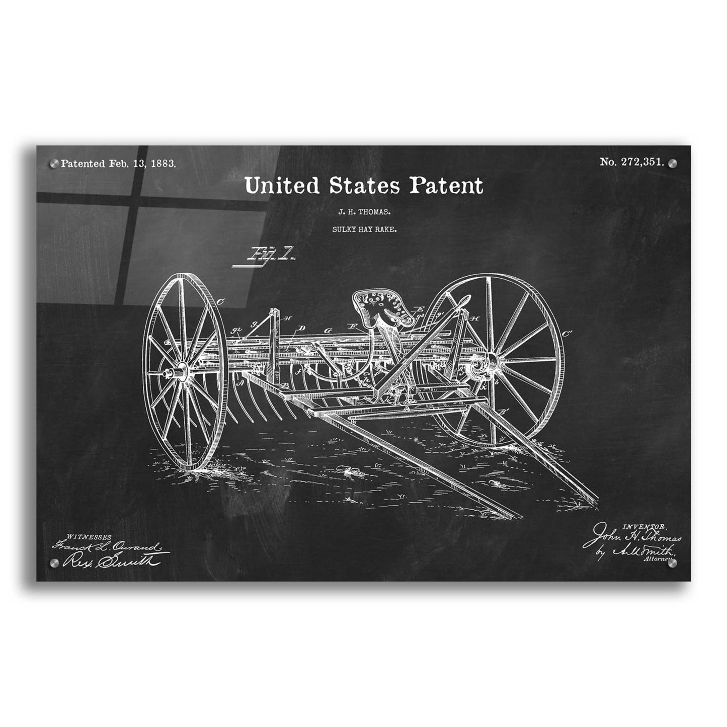 Epic Art 'Horse Drawn Hay Rake Blueprint Patent Chalkboard,' Acrylic Glass Wall Art,36x24