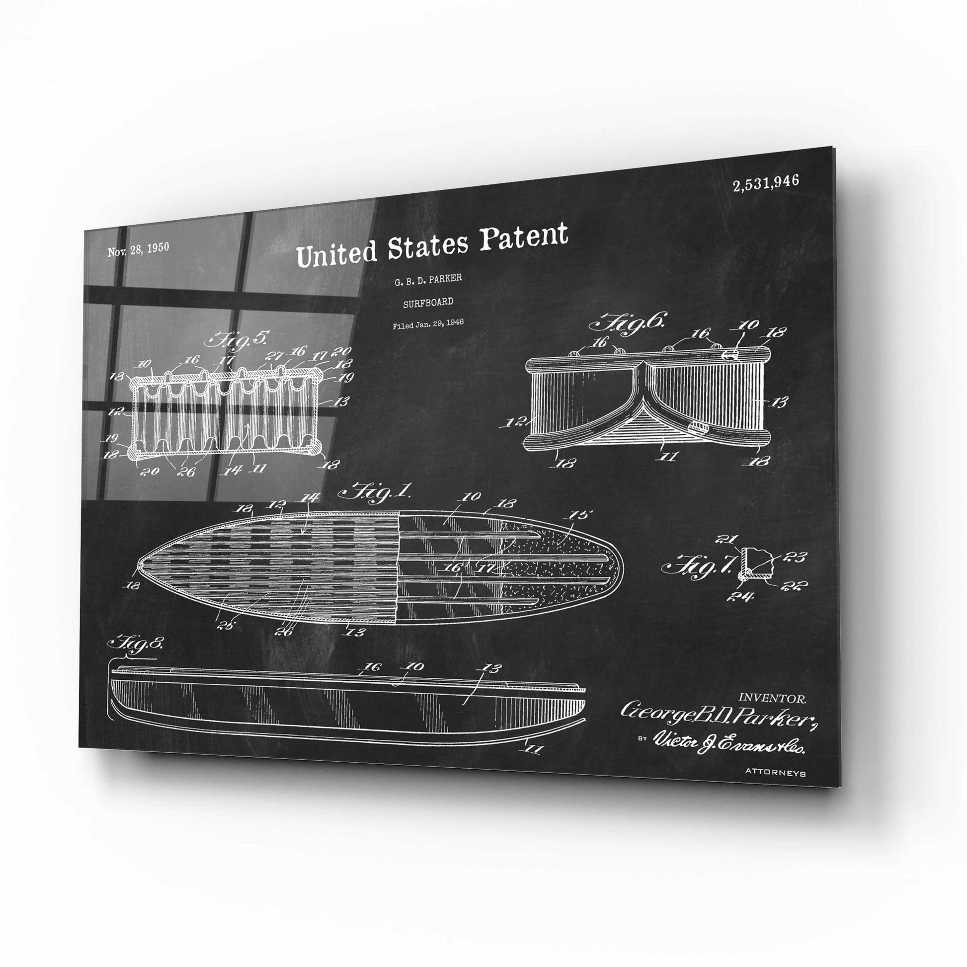 Epic Art 'Surfboard Blueprint Patent Chalkboard,' Acrylic Glass Wall Art,16x12