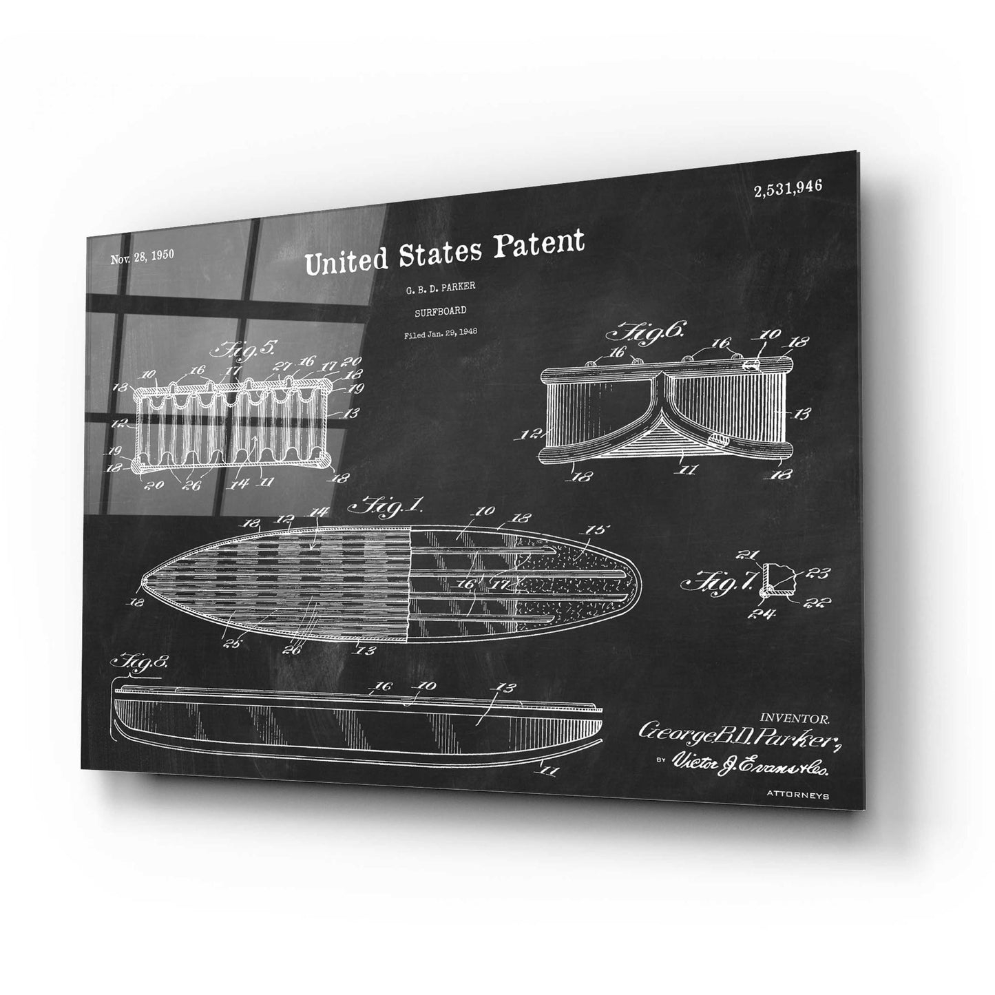 Epic Art 'Surfboard Blueprint Patent Chalkboard,' Acrylic Glass Wall Art,24x16