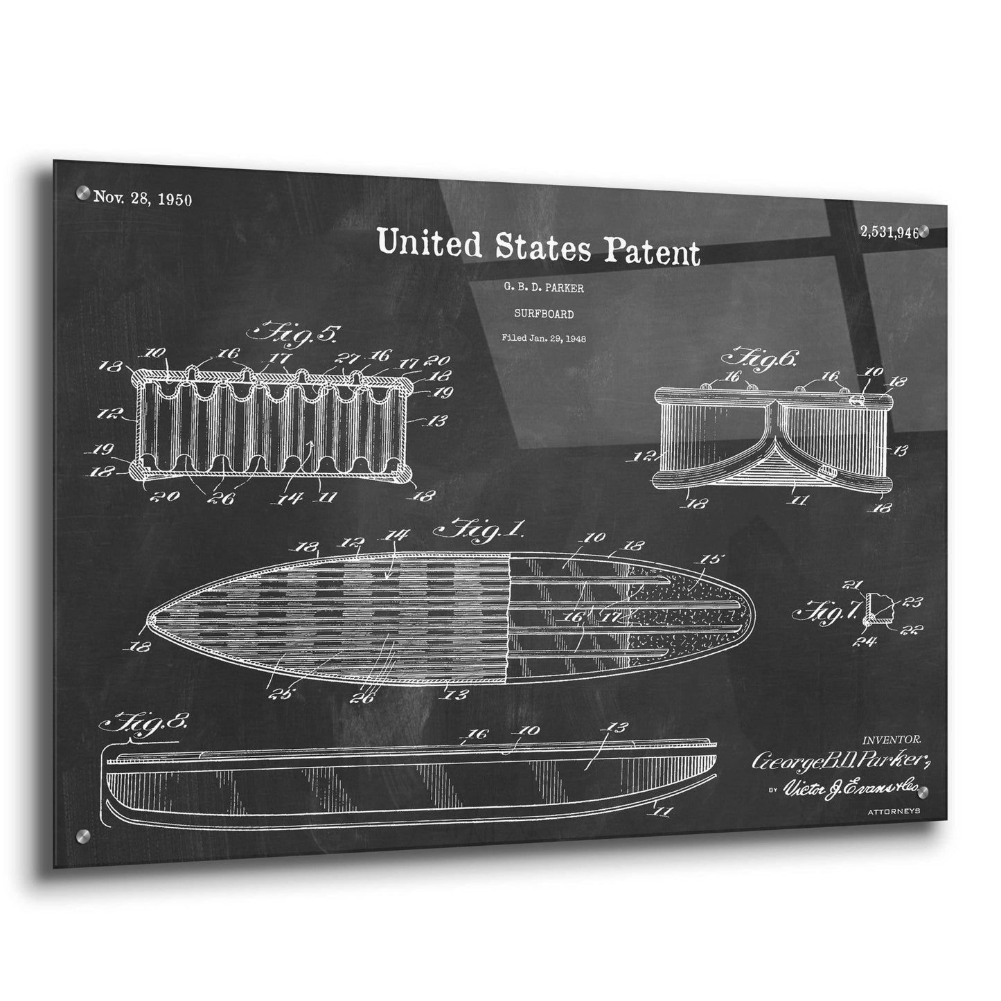 Epic Art 'Surfboard Blueprint Patent Chalkboard,' Acrylic Glass Wall Art,36x24