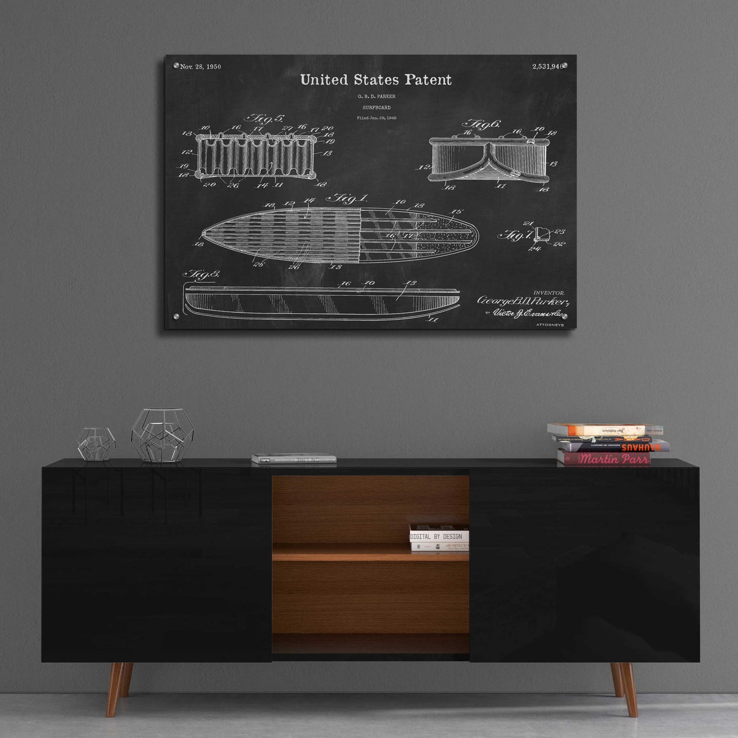 Epic Art 'Surfboard Blueprint Patent Chalkboard,' Acrylic Glass Wall Art,36x24