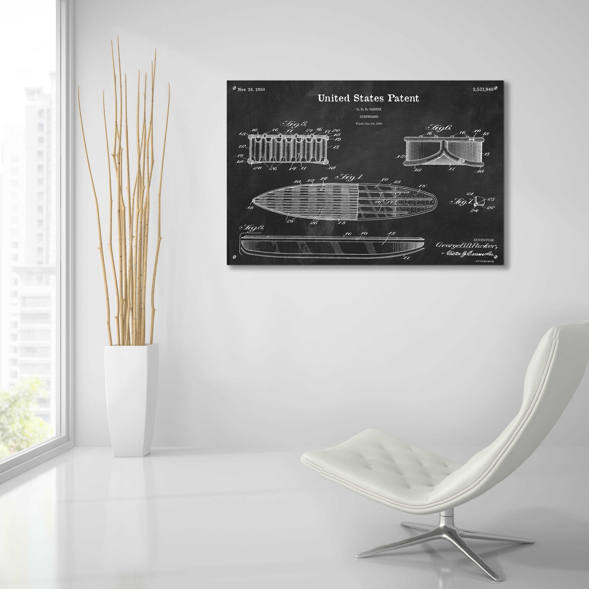 Epic Art 'Surfboard Blueprint Patent Chalkboard,' Acrylic Glass Wall Art,36x24