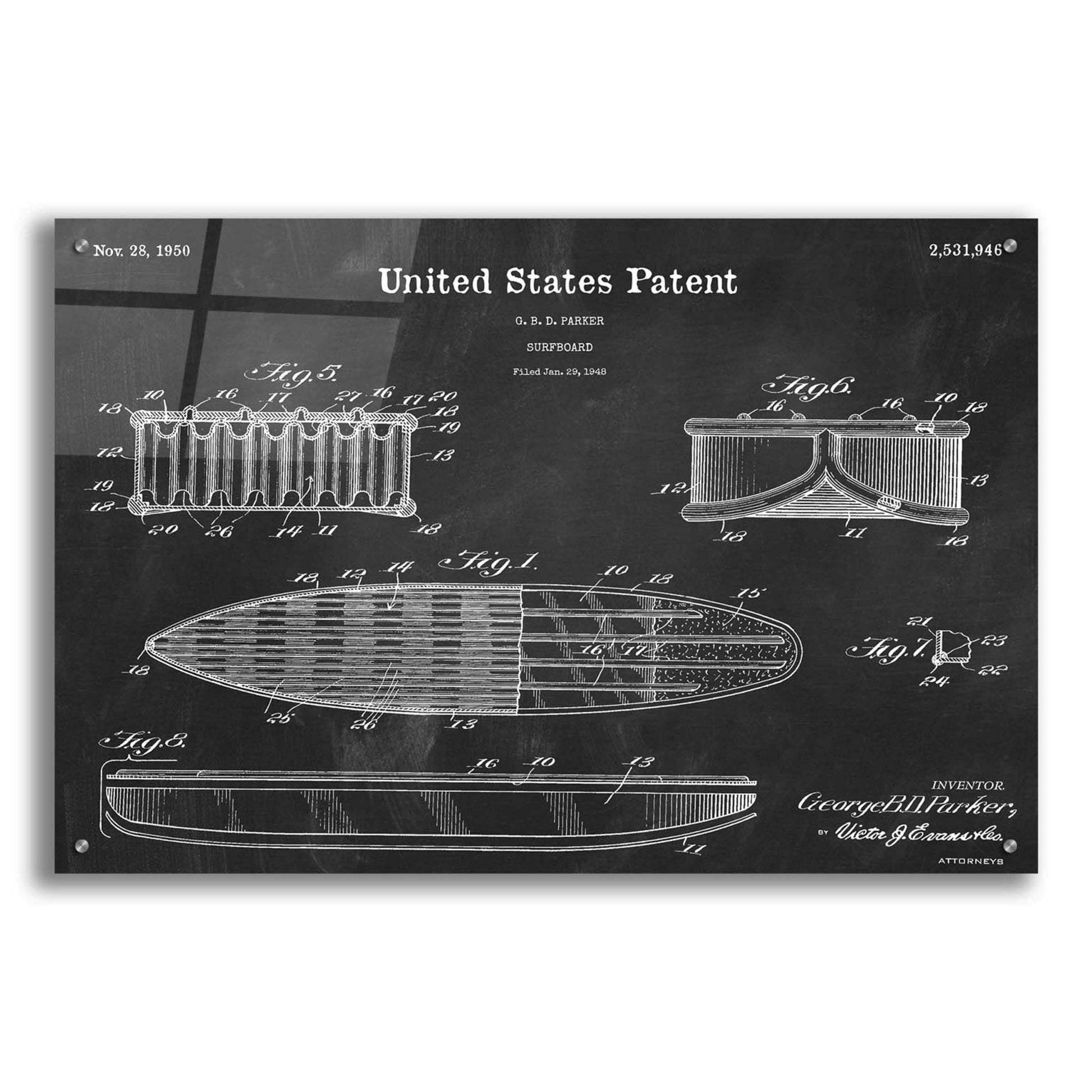 Epic Art 'Surfboard Blueprint Patent Chalkboard,' Acrylic Glass Wall Art,36x24