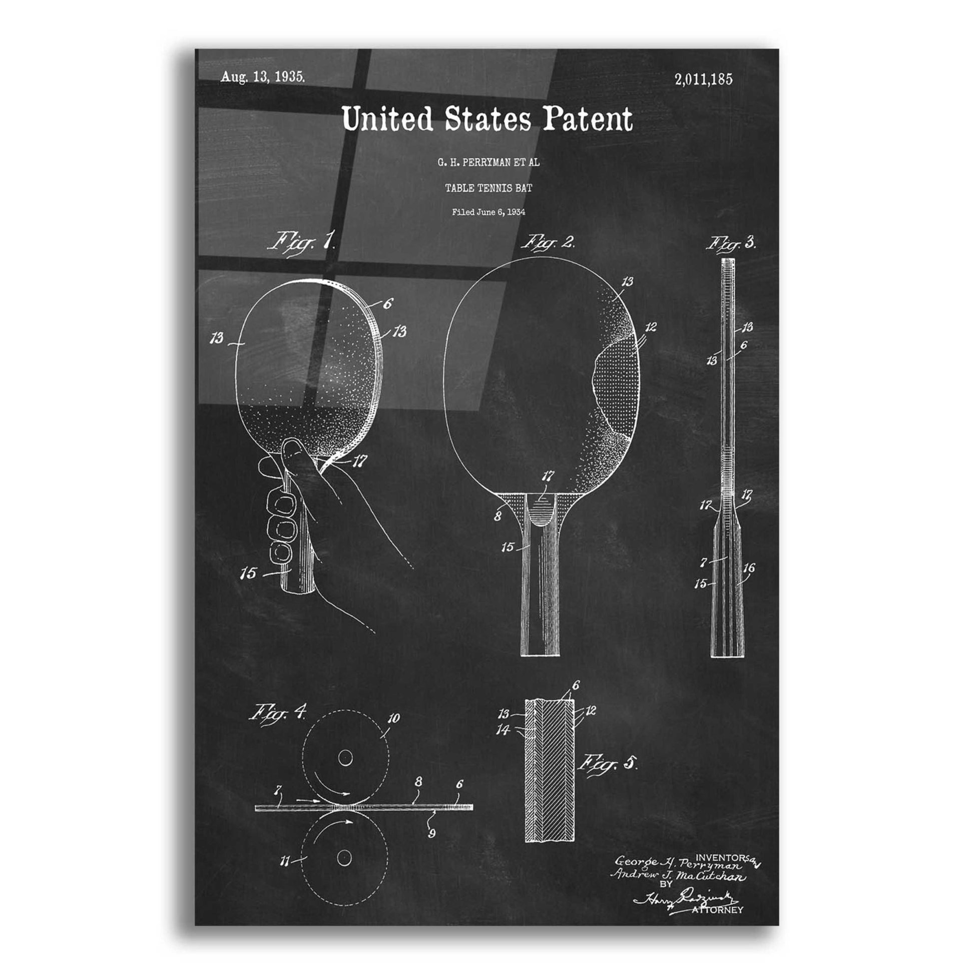 Epic Art 'Table Tennis Paddle Blueprint Patent Chalkboard,' Acrylic Glass Wall Art,12x16