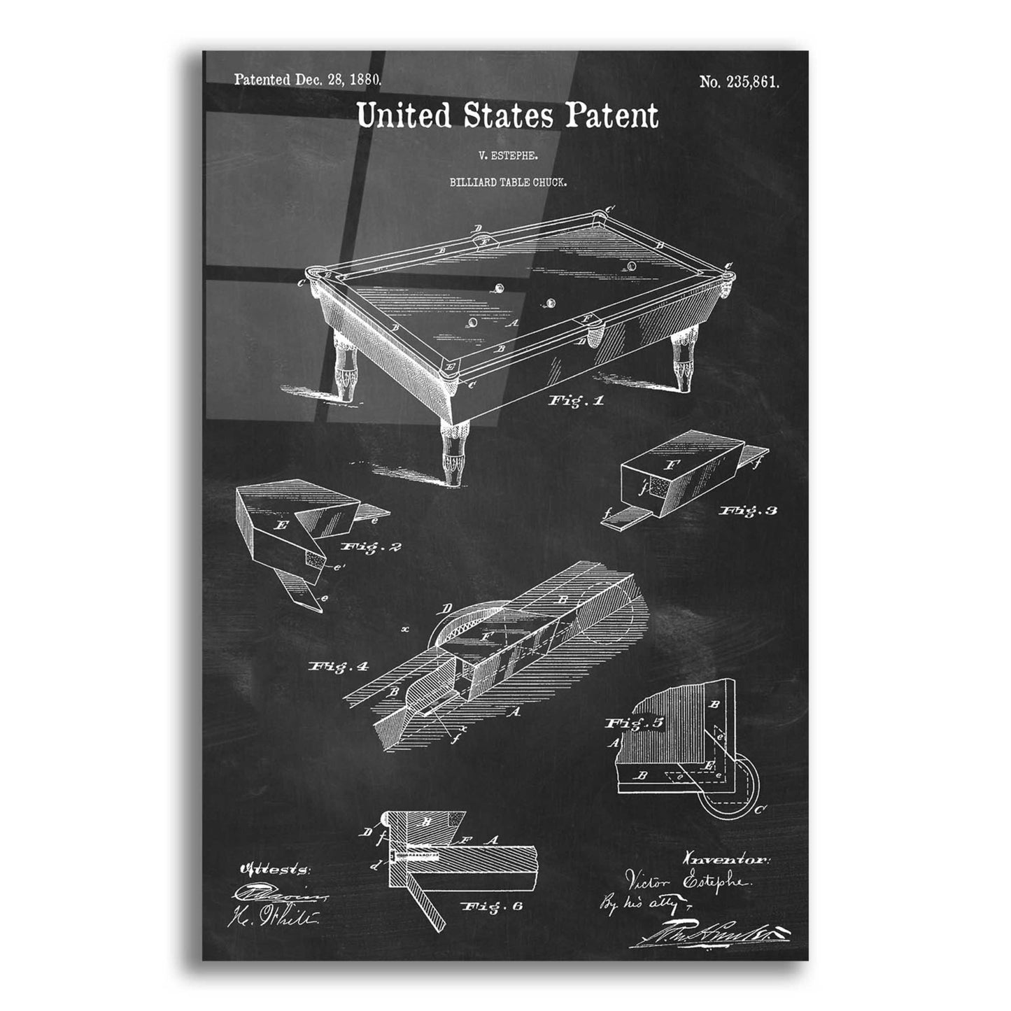 Epic Art 'Pool Table Blueprint Patent Chalkboard,' Acrylic Glass Wall Art,12x16x1.1x0,18x26x1.1x0,26x34x1.74x0,40x54x1.74x0