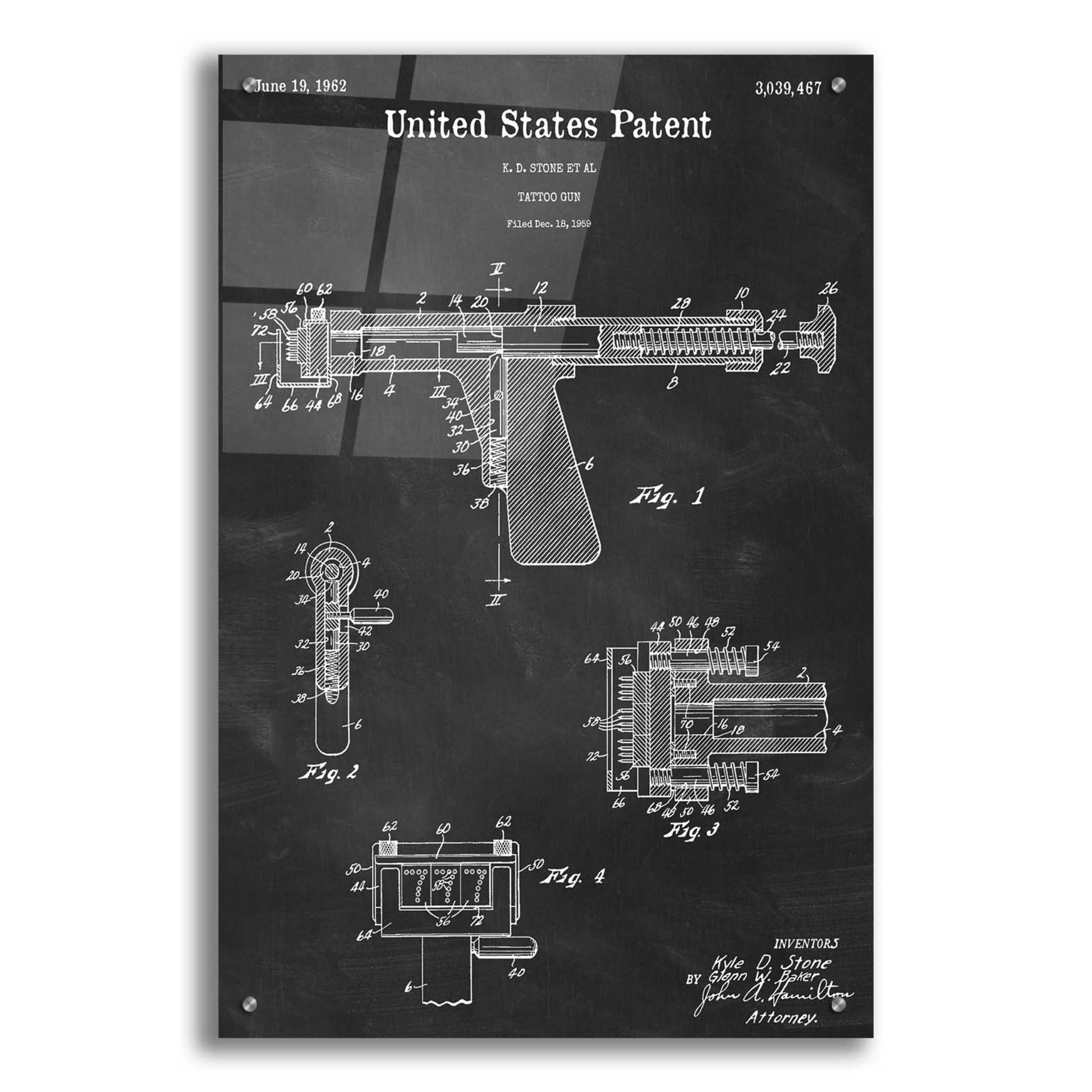 Epic Art 'Tattoo Gun Blueprint Patent Chalkboard,' Acrylic Glass Wall Art,24x36