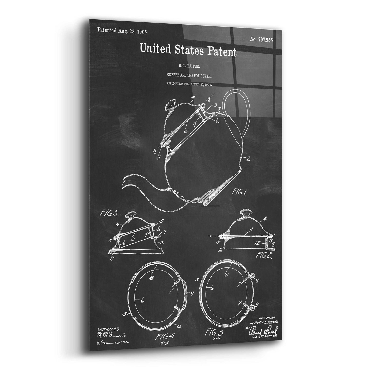 Epic Art 'Tea Pot Cover Blueprint Patent Chalkboard,' Acrylic Glass Wall Art,16x24