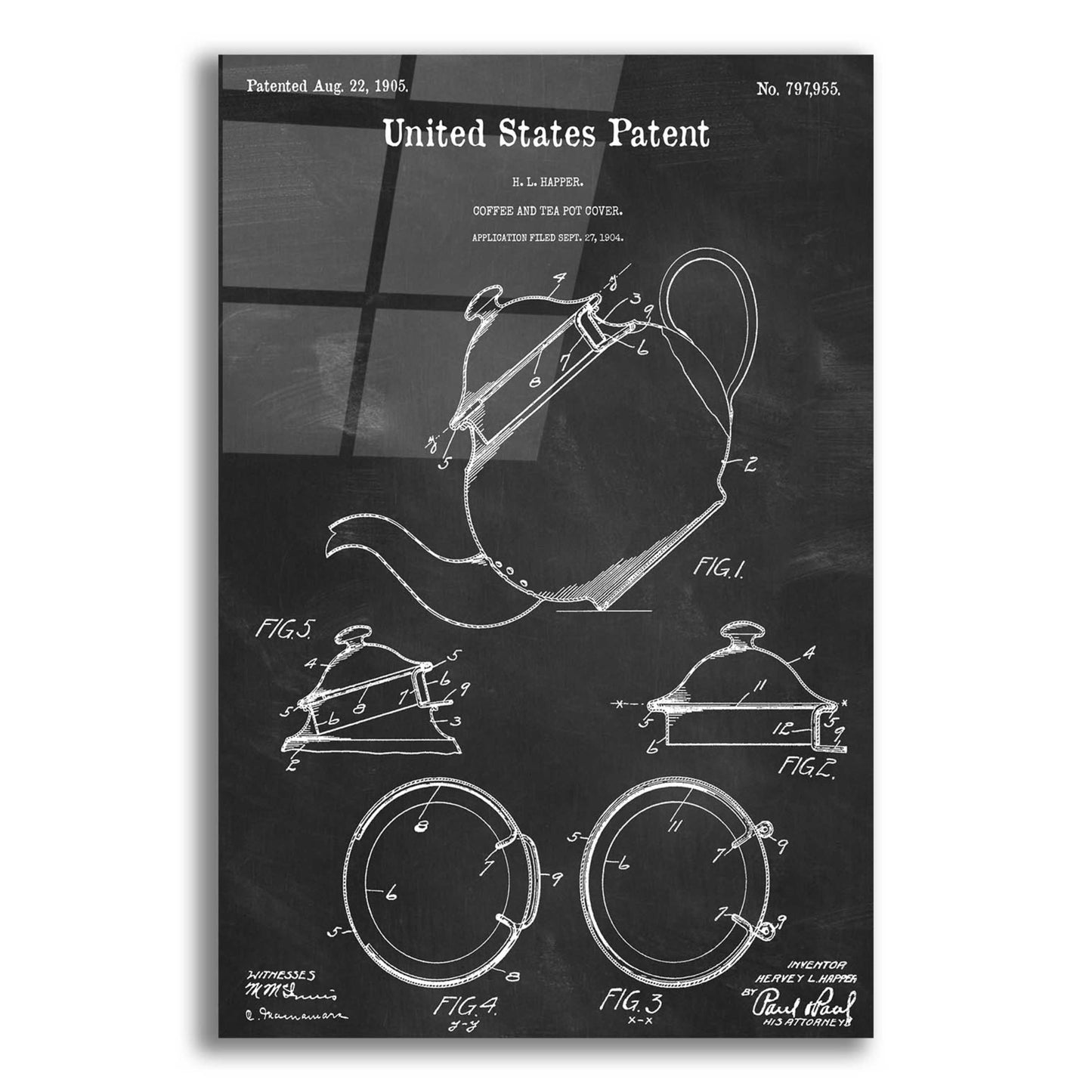 Epic Art 'Tea Pot Cover Blueprint Patent Chalkboard,' Acrylic Glass Wall Art,16x24