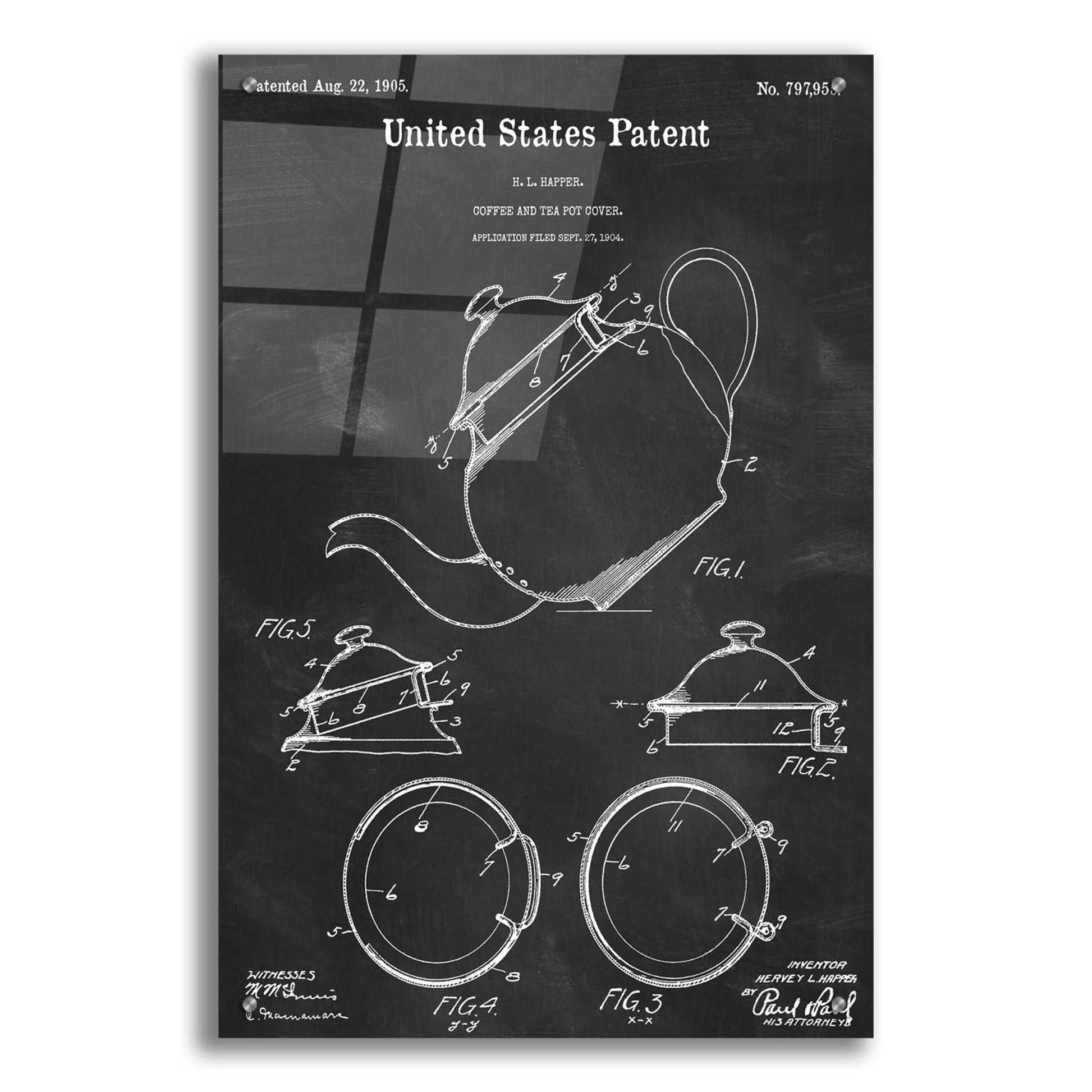 Epic Art 'Tea Pot Cover Blueprint Patent Chalkboard,' Acrylic Glass Wall Art,24x36