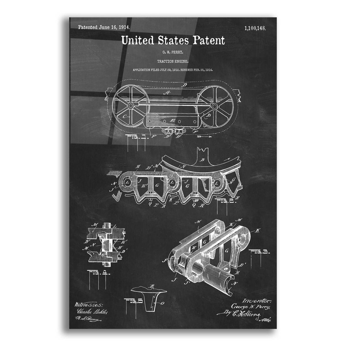 Epic Art 'Traction Engine Blueprint Patent Chalkboard,' Acrylic Glass Wall Art,12x16x1.1x0,18x26x1.1x0,26x34x1.74x0,40x54x1.74x0