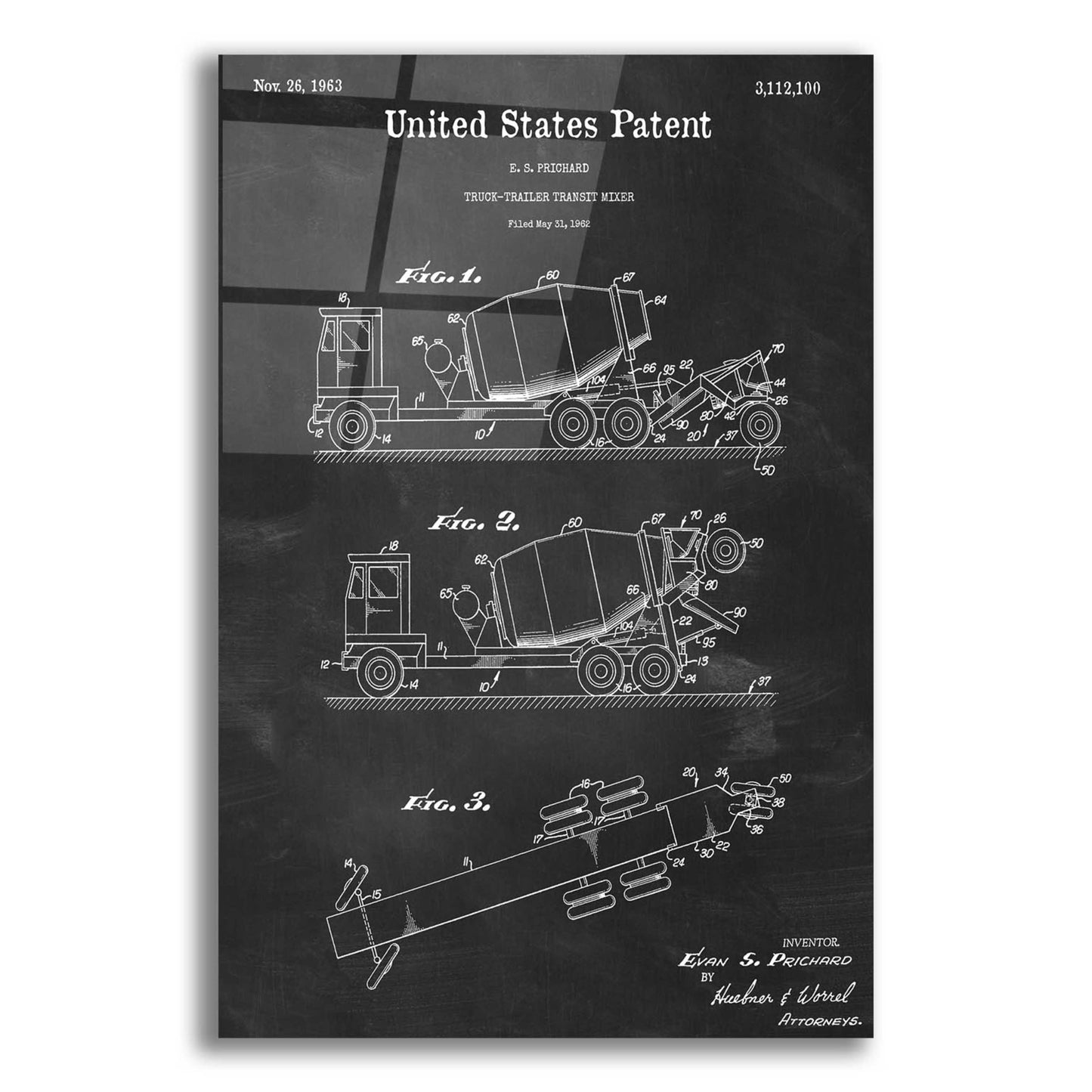 Epic Art 'Truck Trailer Transit Mixer Blueprint Patent Chalkboard,' Acrylic Glass Wall Art,12x16x1.1x0,18x26x1.1x0,26x34x1.74x0,40x54x1.74x0