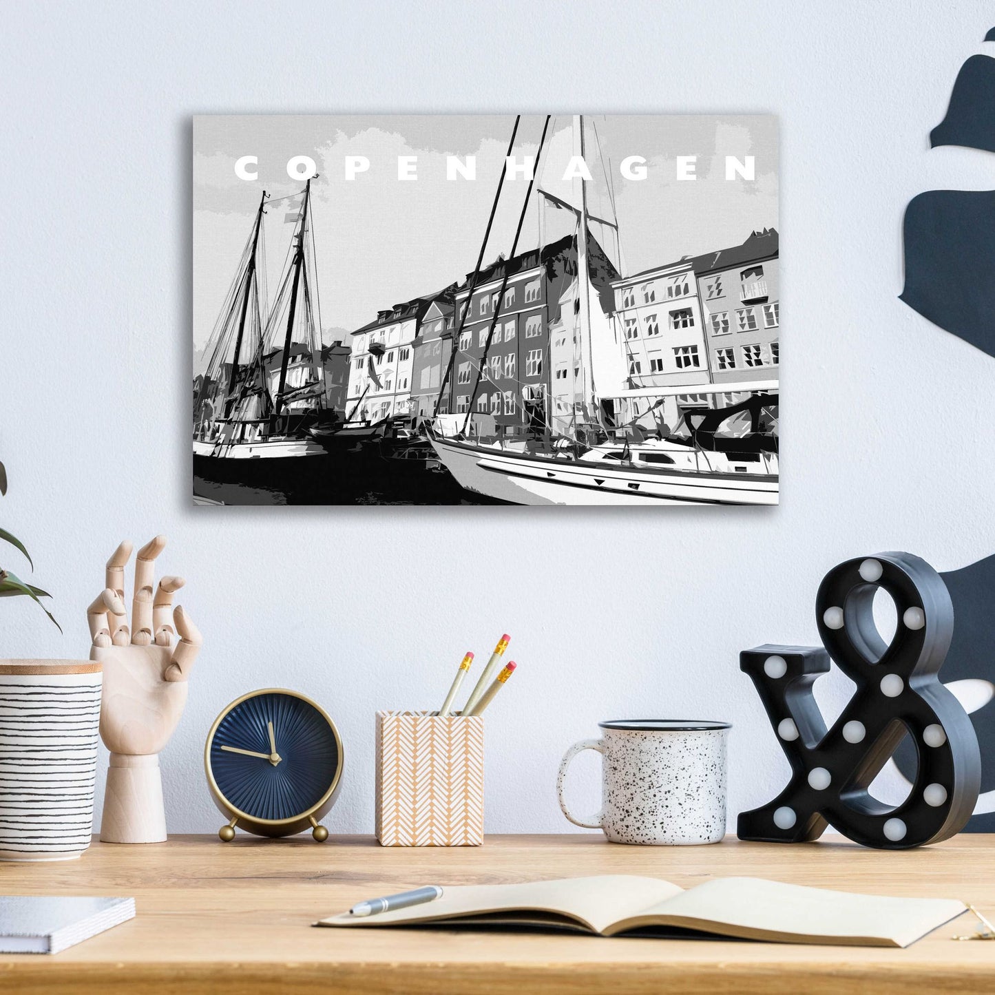 Epic Art 'Copenhagen Poster Black And White' by Linda Woods, Acrylic Glass Wall Art,16x12