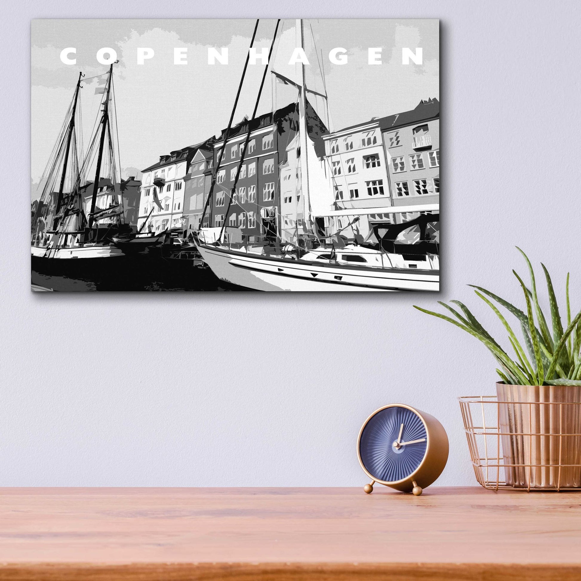 Epic Art 'Copenhagen Poster Black And White' by Linda Woods, Acrylic Glass Wall Art,16x12